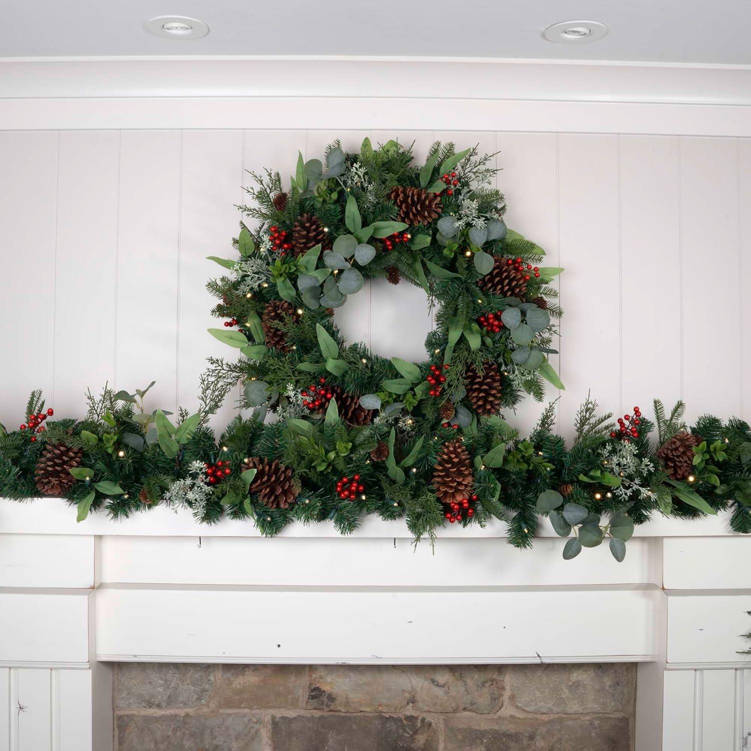 30 Inch Pre-Lit Pine Christmas Wreath with LED Lights