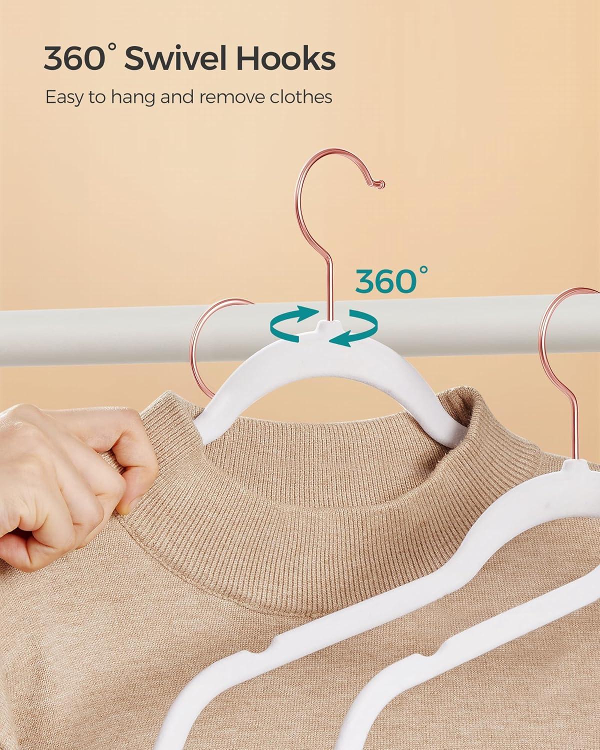 50 Pack Velvet Hangers Non-Slip Clothes Hanger with Rose Gold-Colored Swivel Hooks Space Saving White