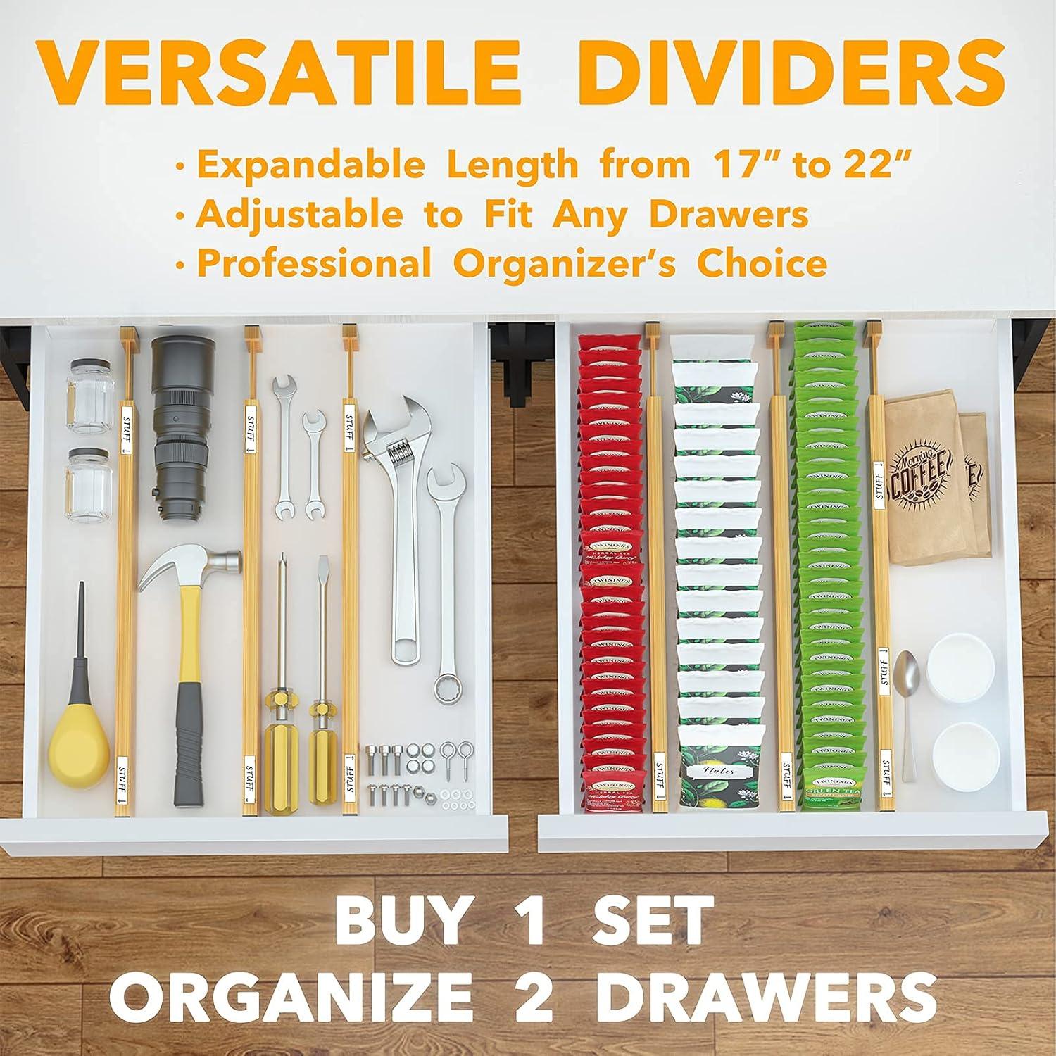 SpaceAid Adjustable Bamboo Drawer Dividers with Labels – Expandable Organizers for Kitchen, Office, Dresser, and Bathroom