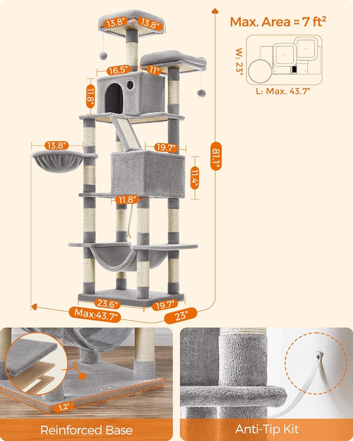 81.1"H Cat Tree Cat Tower for Indoor Cats, Plush Multi-Level Cat Condo with Scratching Posts, Perches, Caves, Hammock, Light Gray