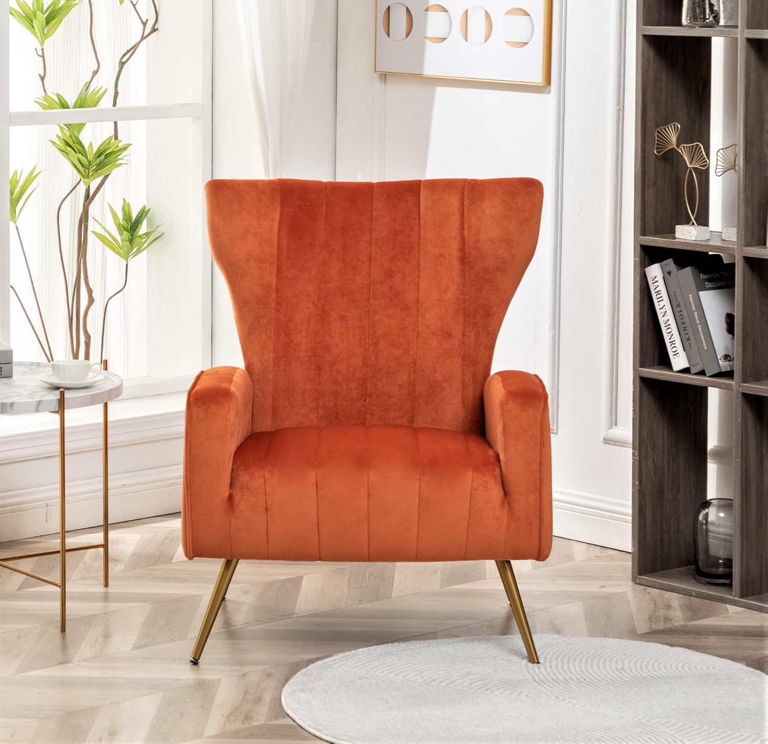 Orange Red Velvet Barrel Armchair with Wood Frame