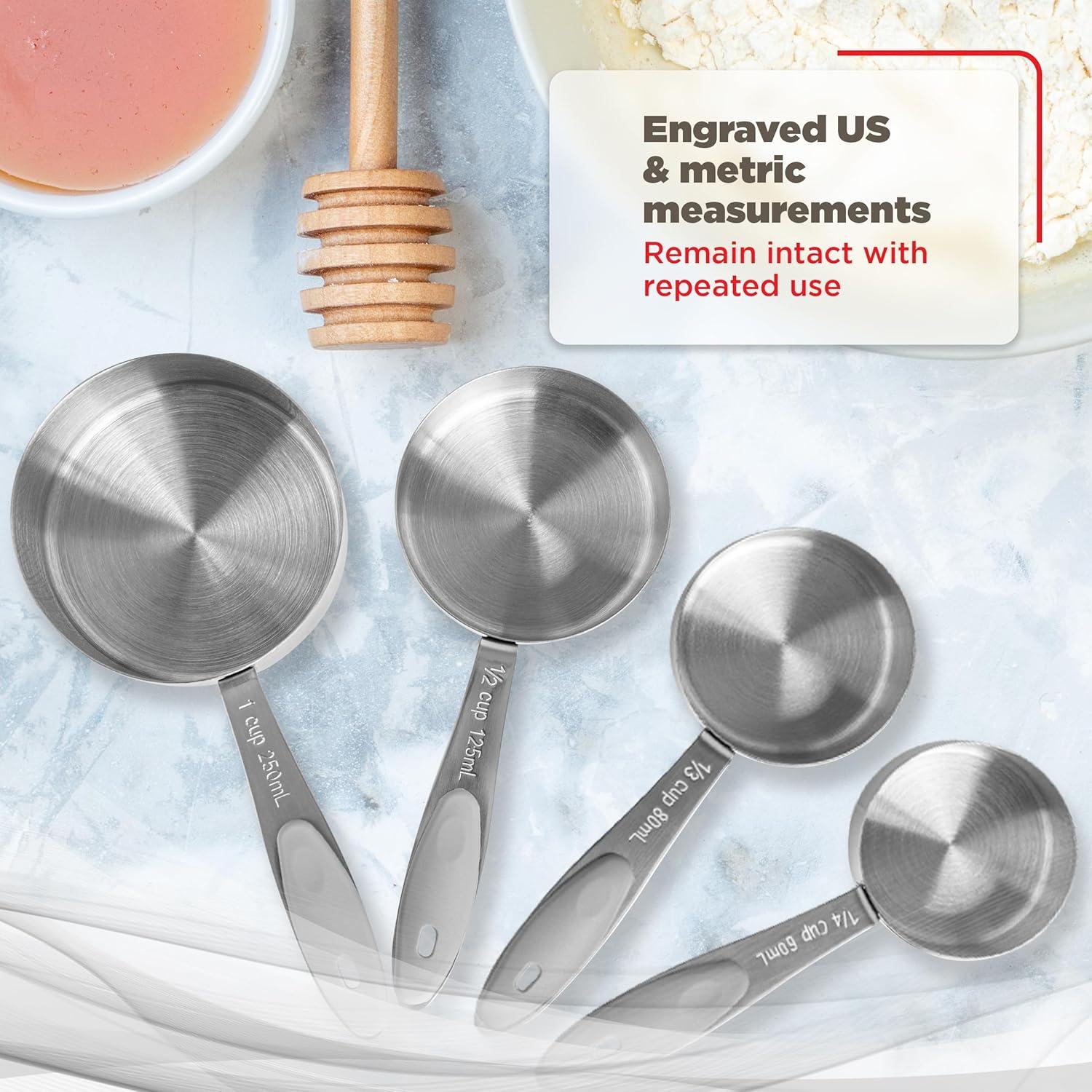 Huarll Holiday Clearance Measuring Tools, 4 Piece Stainless Measuring Cup Set With Storage Ring Silver, 4-Piece Measuring Cup and Spoon Set Silver