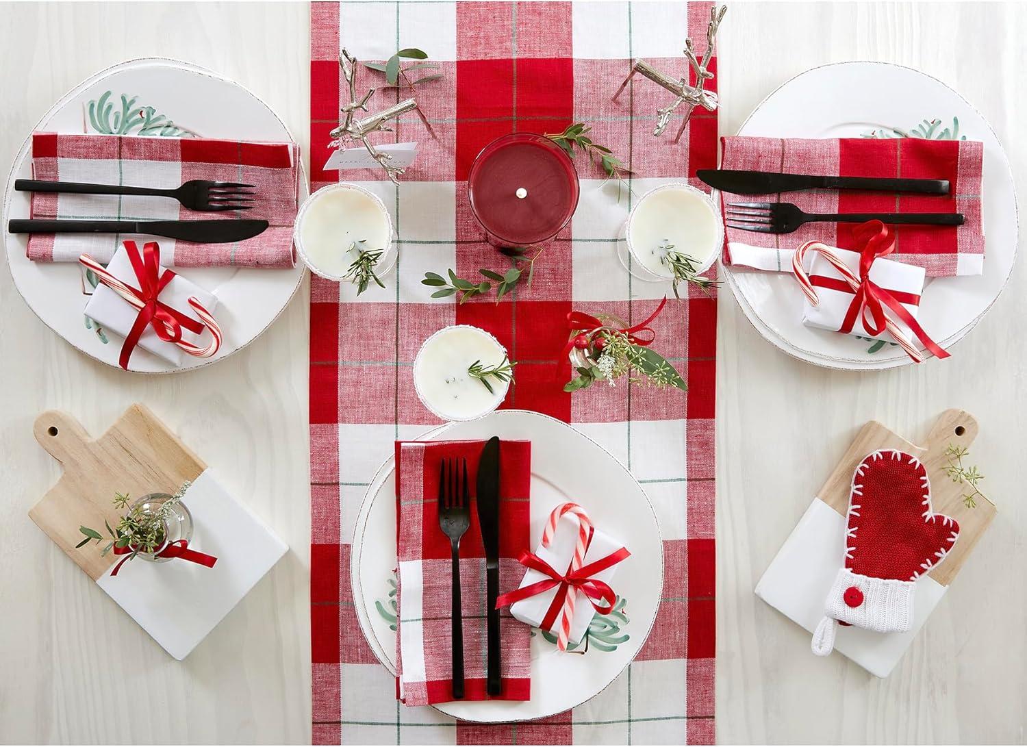 Solino Home Very Merry Plaid - 100% Pure Linen Christmas Table Runner