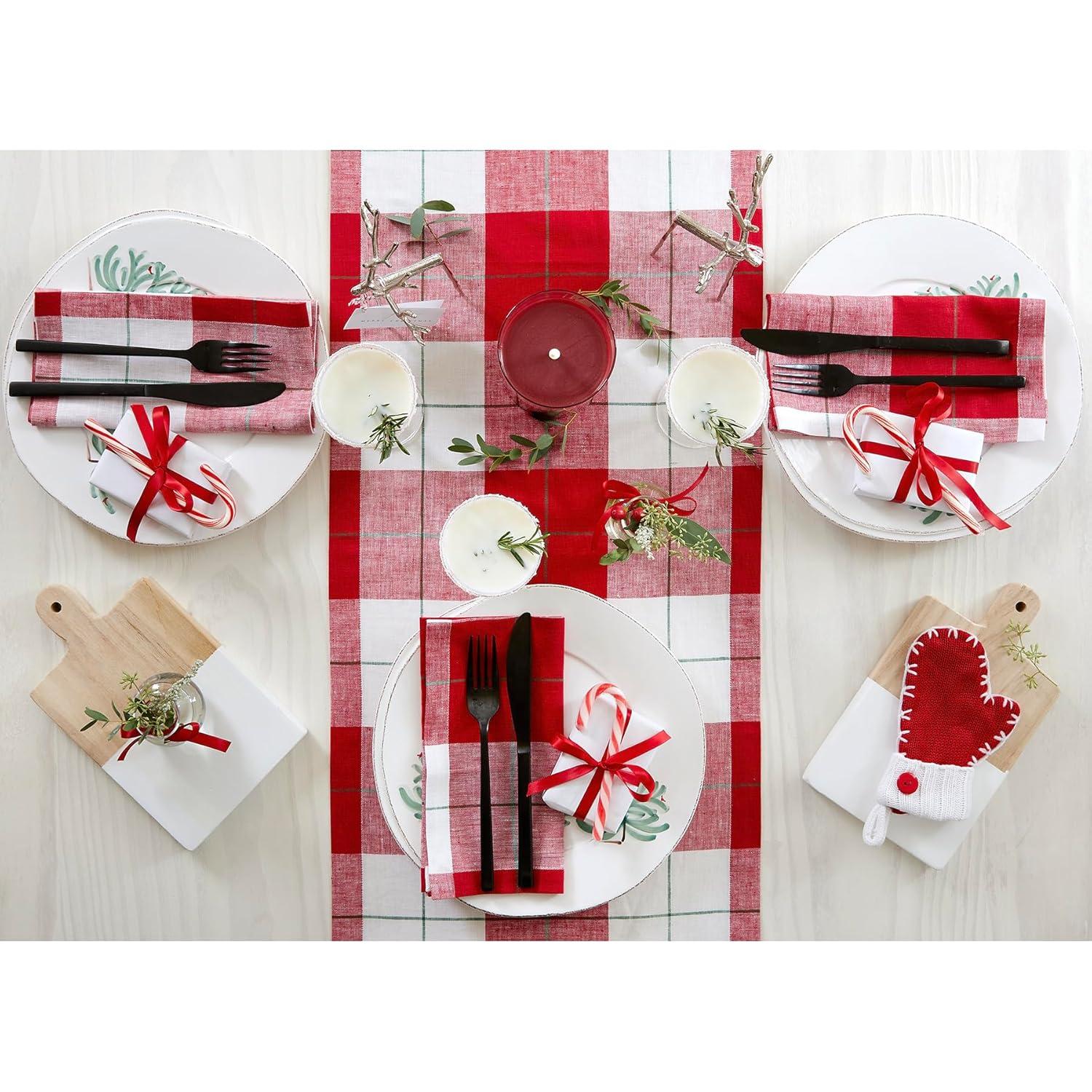Solino Home Very Merry Plaid - 100% Pure Linen Christmas Table Runner