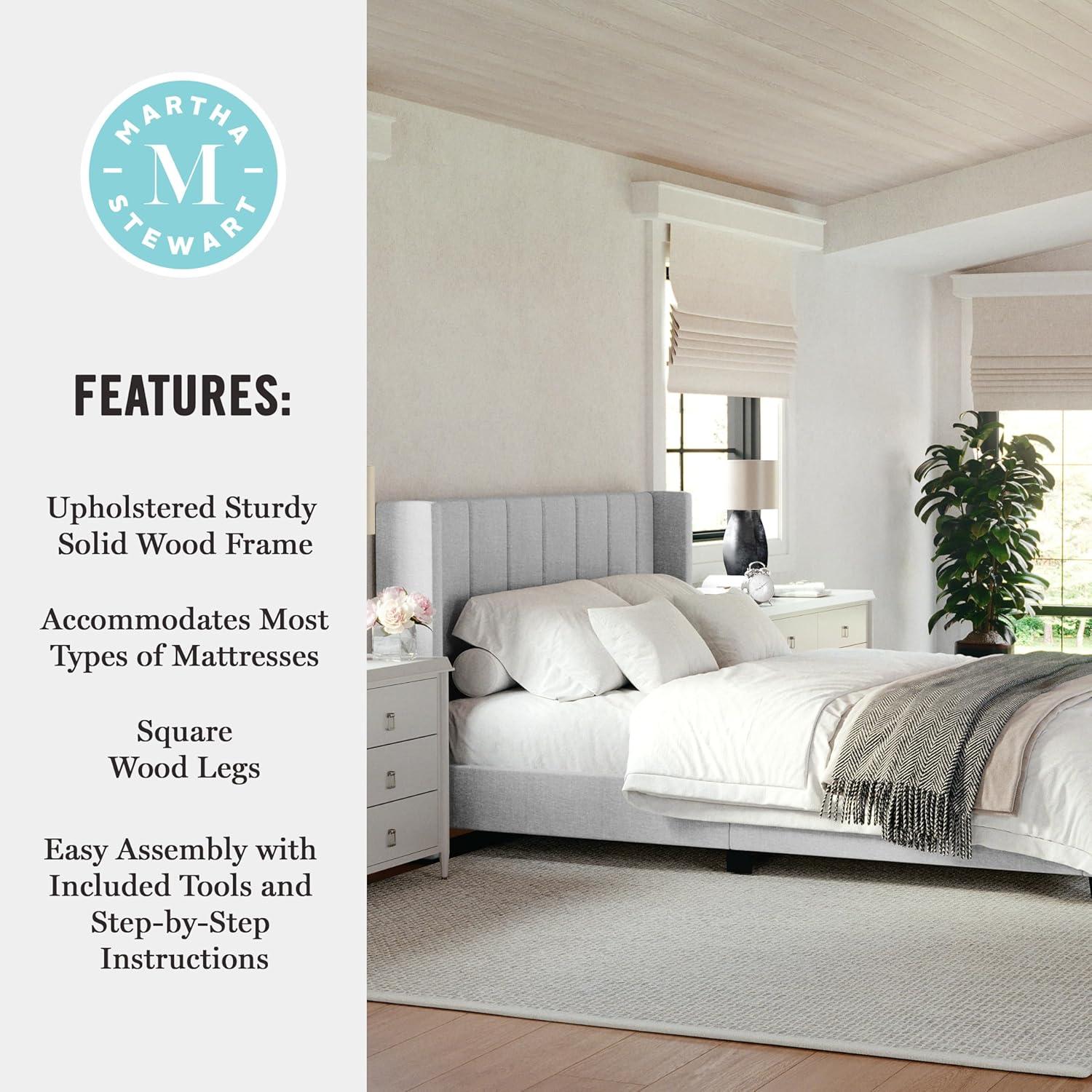 Martha Stewart Kay Upholstered Platform Bed With Channel Stitched Wingback Headboard