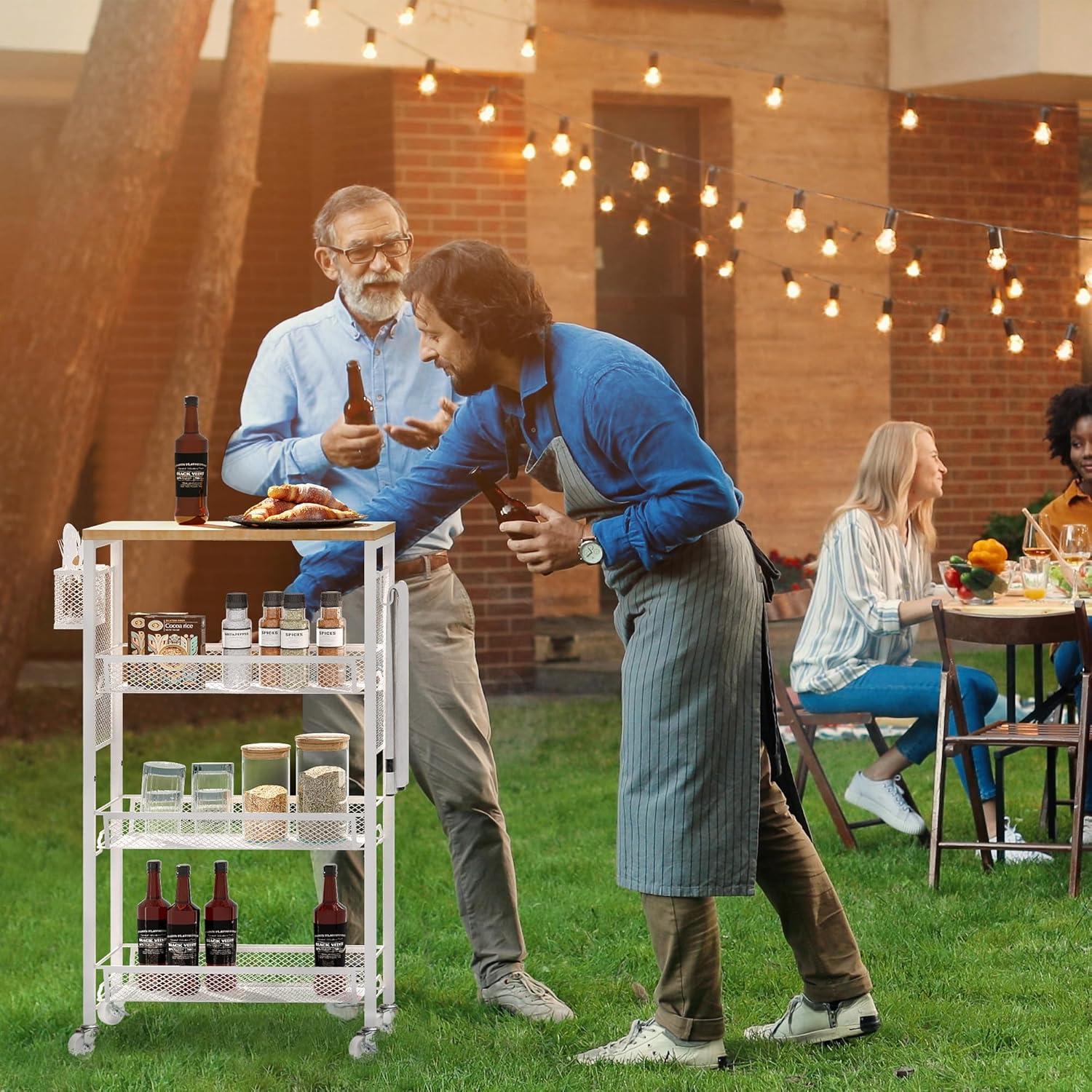 DWVO 4-Tier Slim Rolling Cart on Wheels, 34" Wooden Tabletop Kitchen Storage Organizer Cart with Wire Mesh Baskets, Slide-Out Storage Cart for Kitchen, Bathroom Living Room (White)