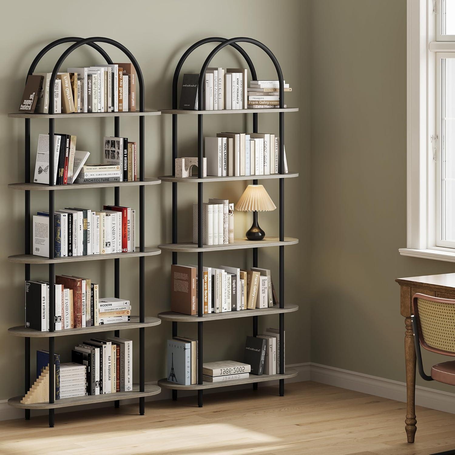 Black and Retro Five-Tier Arched Metal and Wood Bookshelf