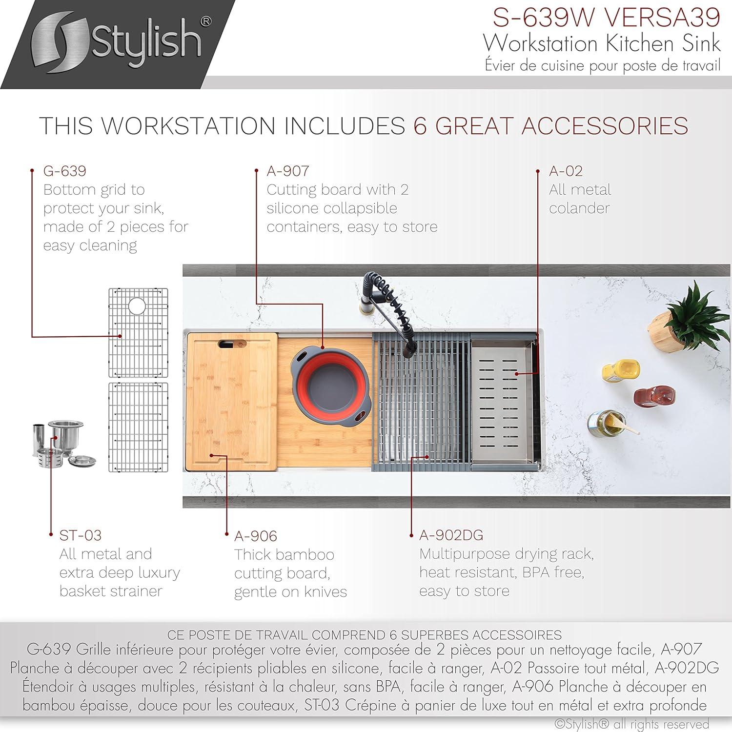 Versa STYLISH 39 inch Stainless Steel Workstation Single Bowl Undermount Kitchen Sink with Accessories included