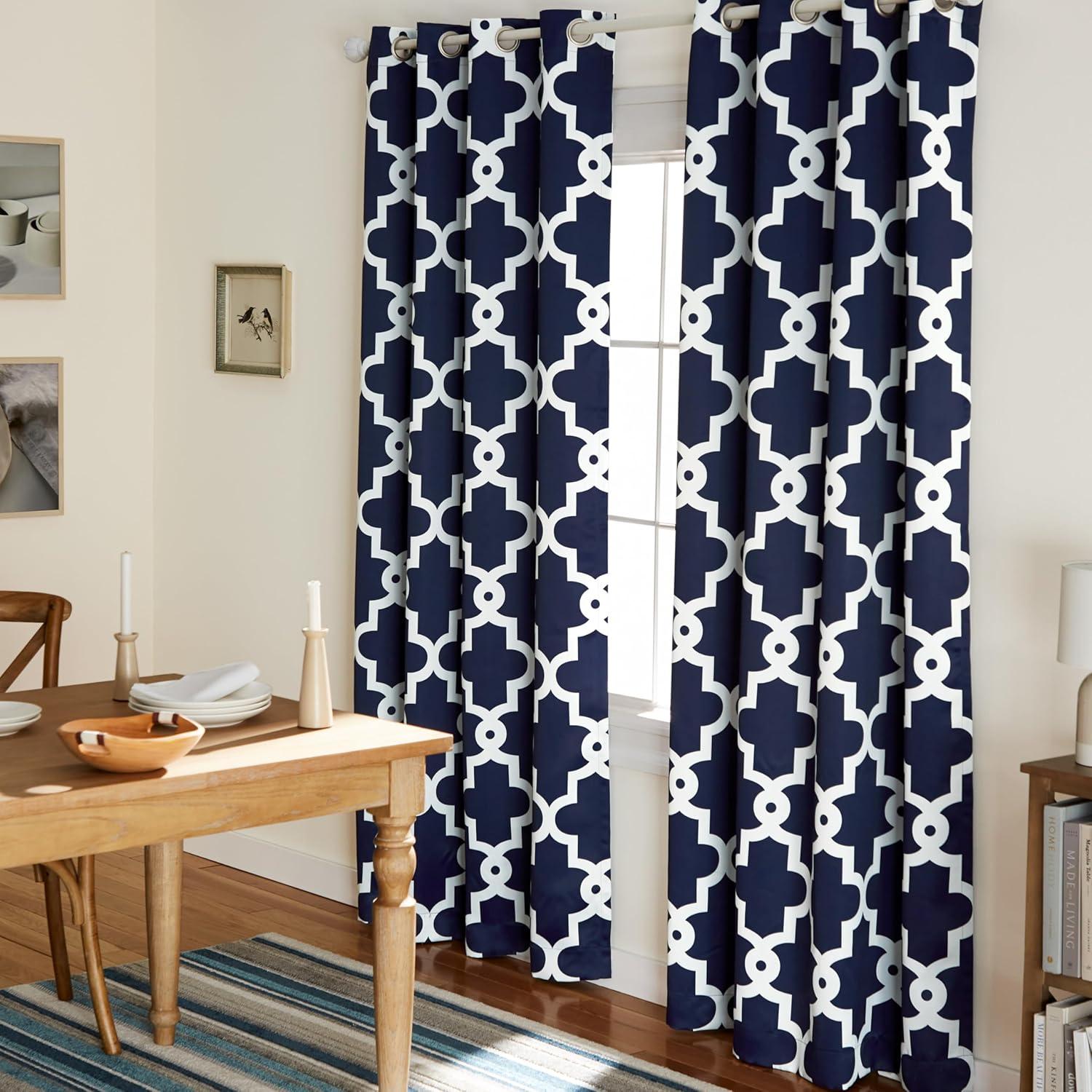 TOWN & COUNTRY EVERYDAY Ironwork Geo Trellis Sateen Indoor Curtains, Room Darkening Blackout, Grommet Top, Energy Efficient, 2-Pack Set, 52"x96", Peacoat Blue