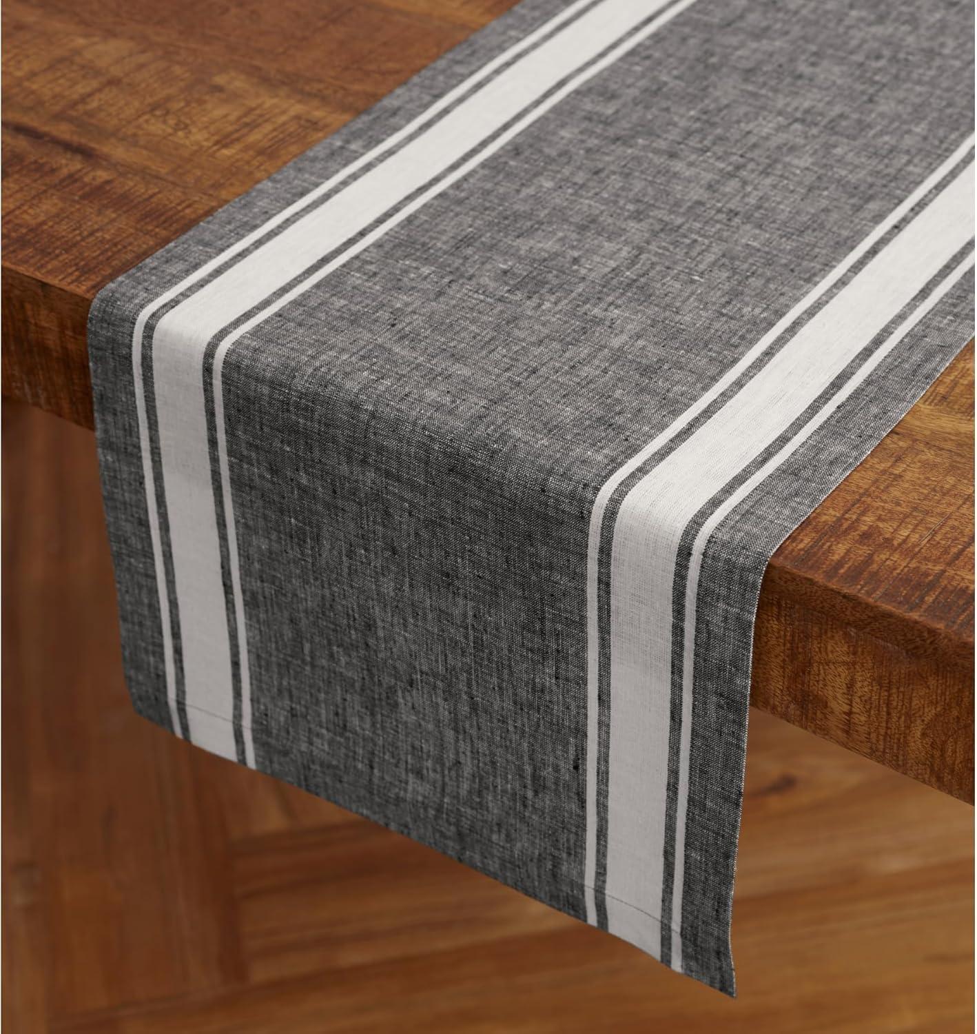 Black and White Farmhouse Stripe Linen Table Runner 14 x 36 Inch