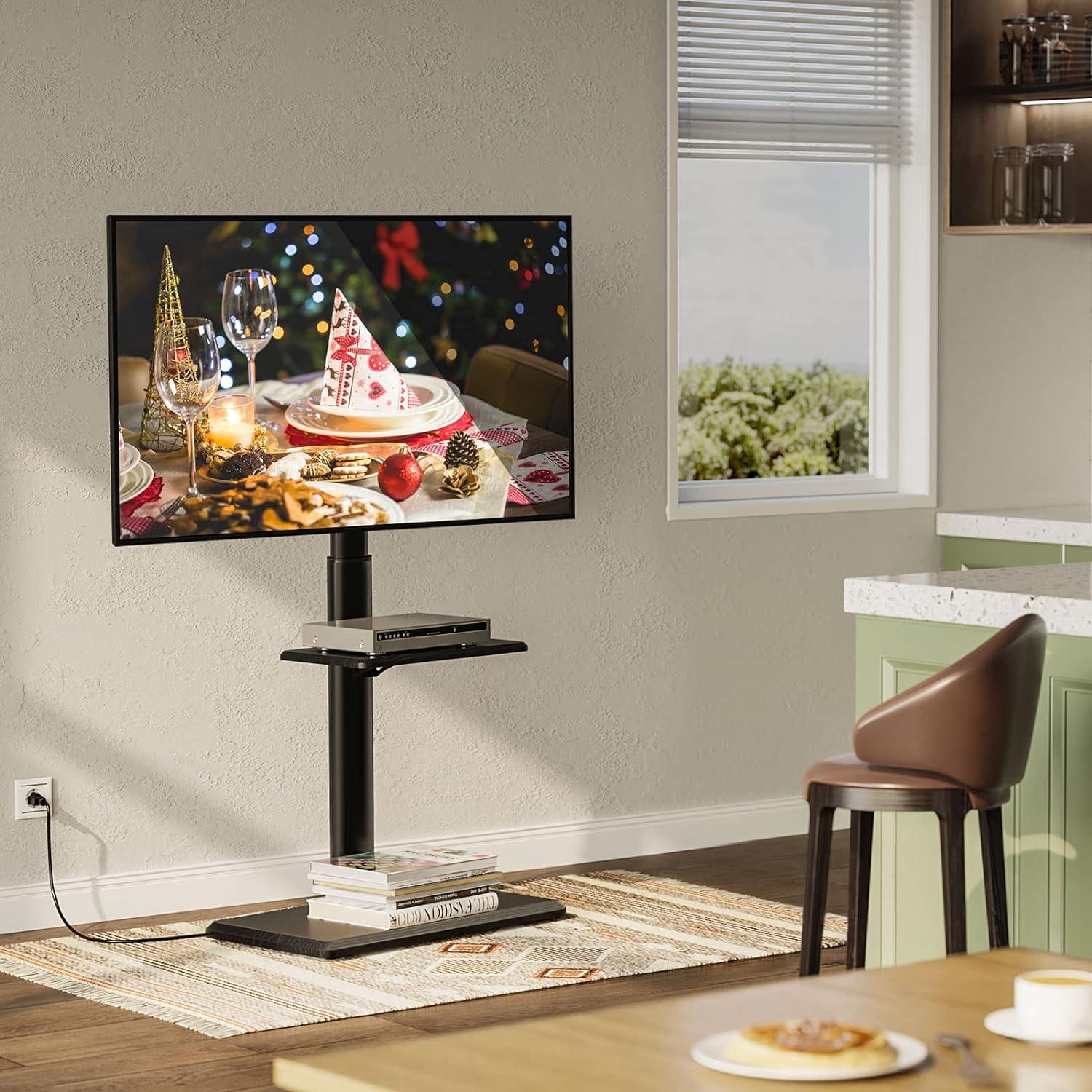 Black Swivel Floor TV Stand with Wood Base and Power Outlet