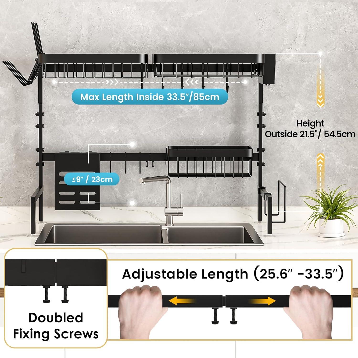 Adjustable Black Metal Over Sink Dish Drying Rack with Utensil Cup