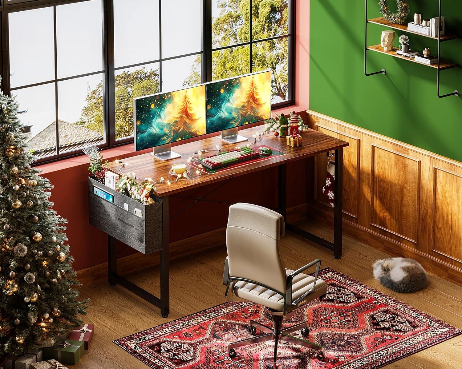 ODK Computer Desk Large Office Desk, 48 Inch Gaming Desk with Storage, Modern PC Desk Work Table with Headphone Hook for Home Office, Deep Brown