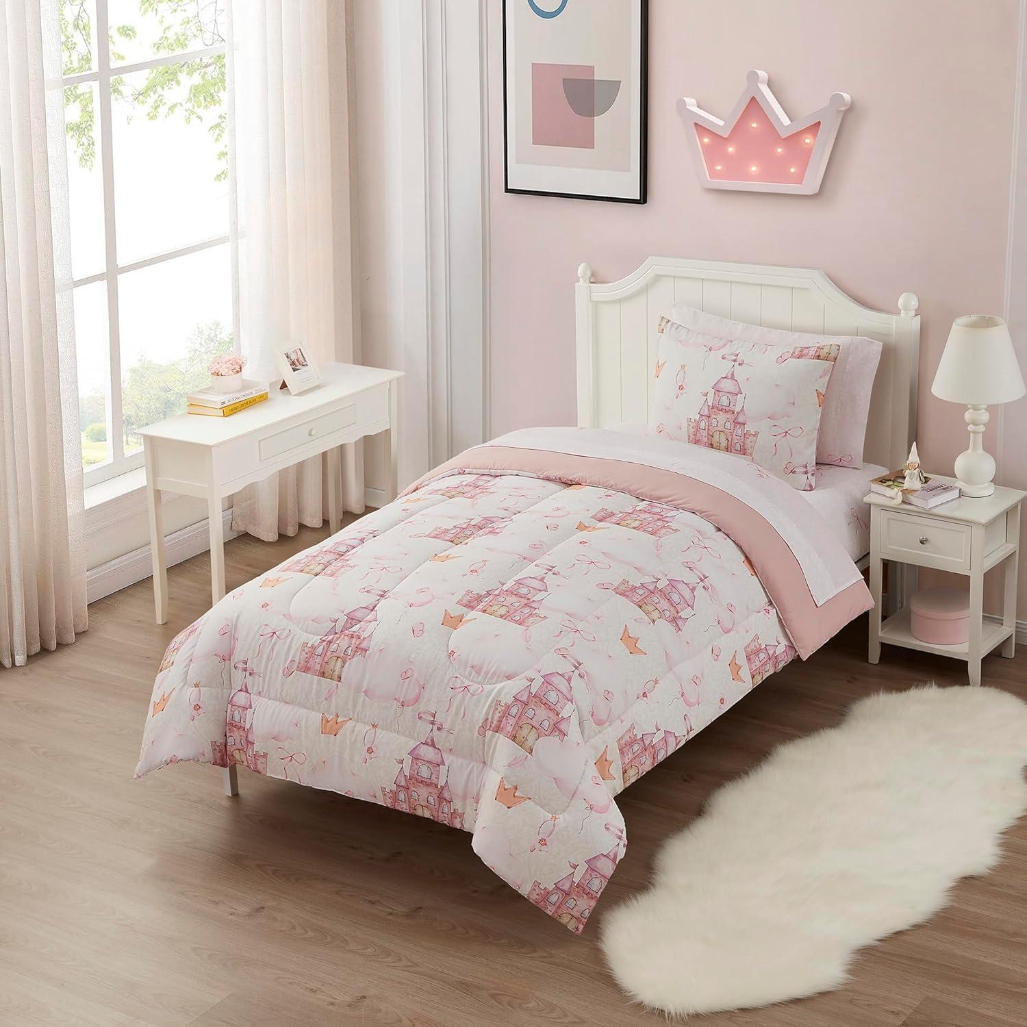 Fairytale Princess Pink Printed Kids Bedding Set with Comforter