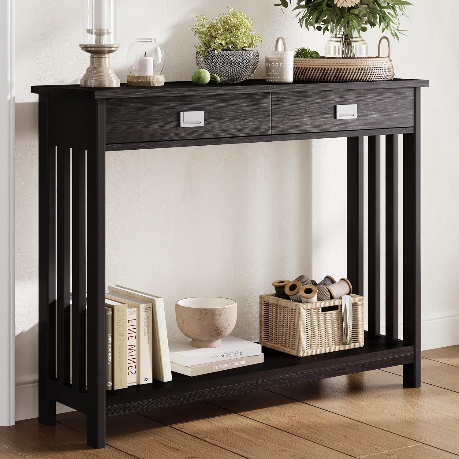 Black Entryway Table With Drawer, Narrow Console Table, Sofa Table With Storage Shelf For Entryway, Living Room And Hallway