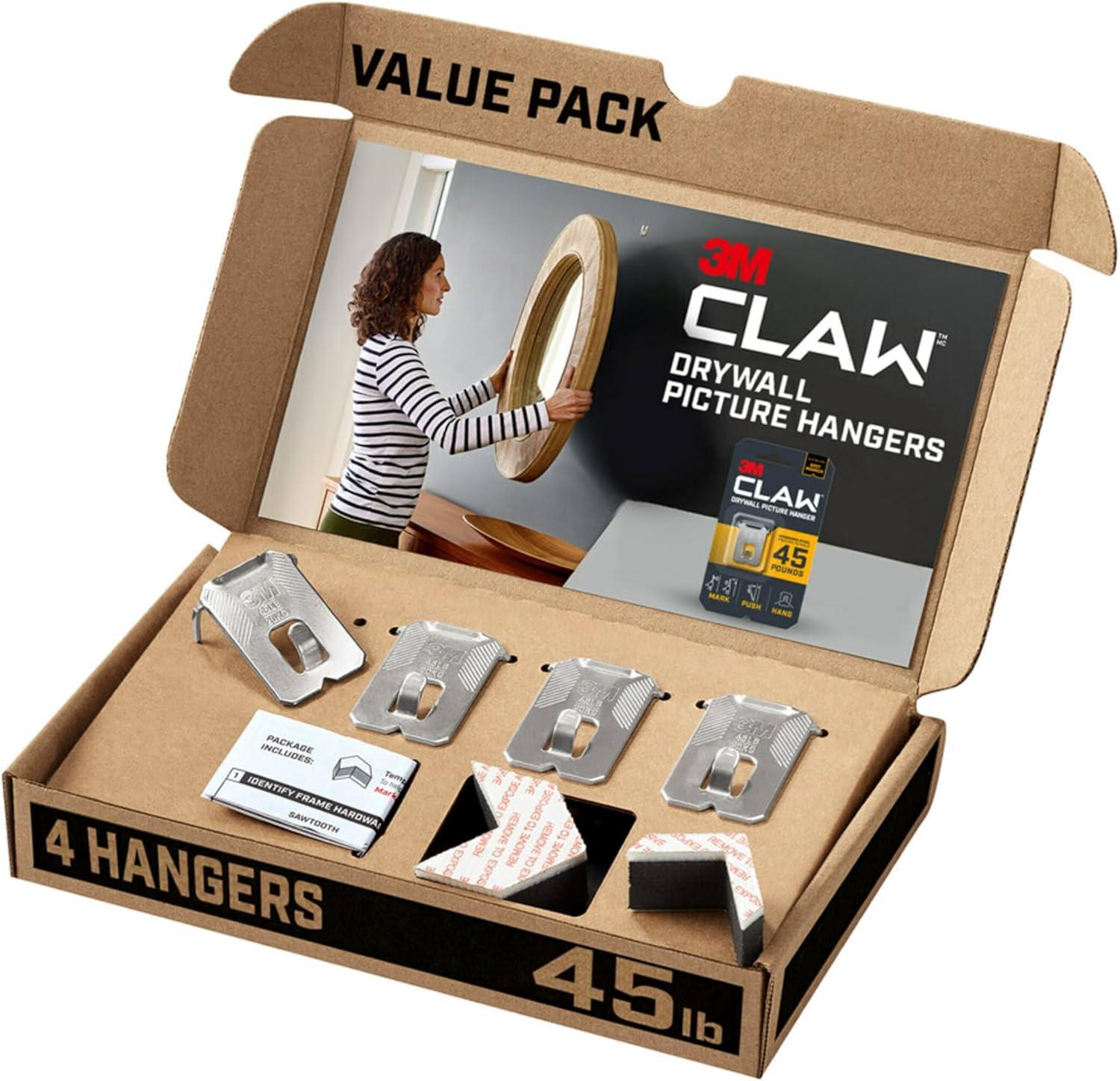 3M CLAW Drywall Picture Hanger with Temporary Spot Marker, Holds 45 lbs, 4 Hangers, 4 Markers/Pack 45 lb 4 Pack Hanger