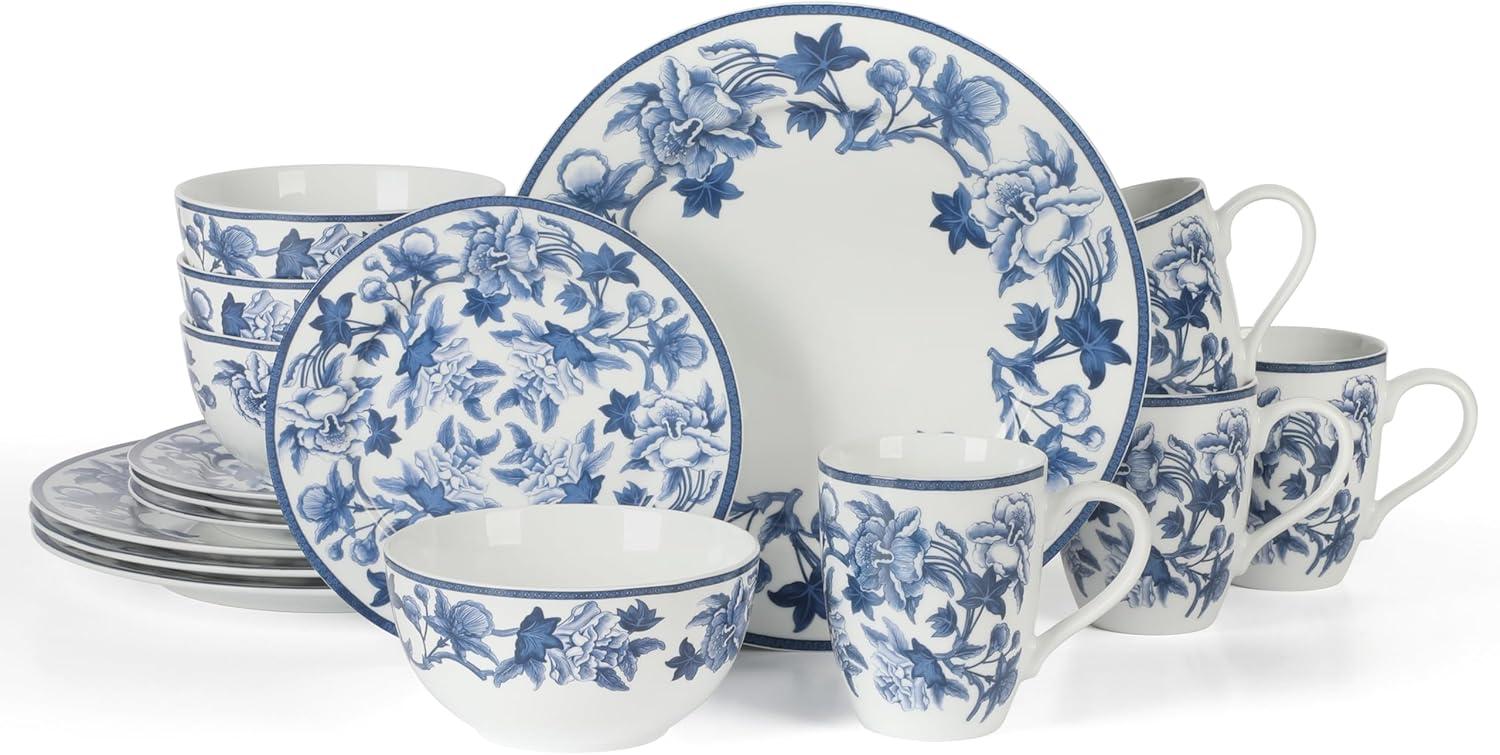 Vintage Blue Floral Porcelain 16-Piece Dinnerware Set