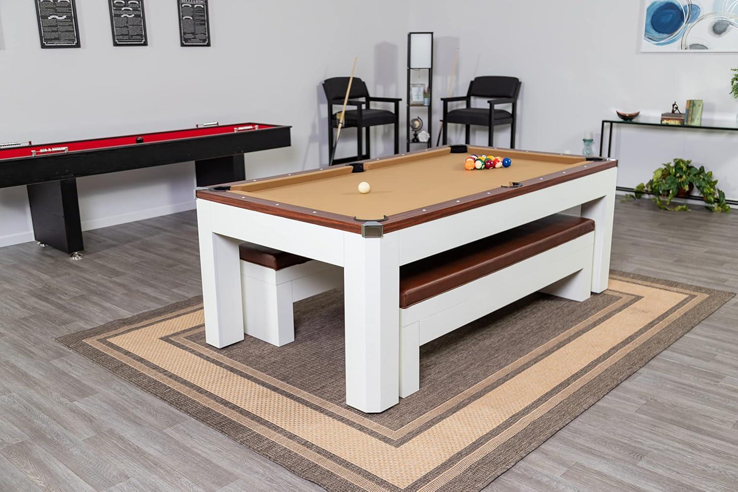 Hathaway Newport Stylish 7 Ft Multi Game Pool Table Combo with Dining Top and Ping Pong – Includes Benches for Home Storage and Accessories