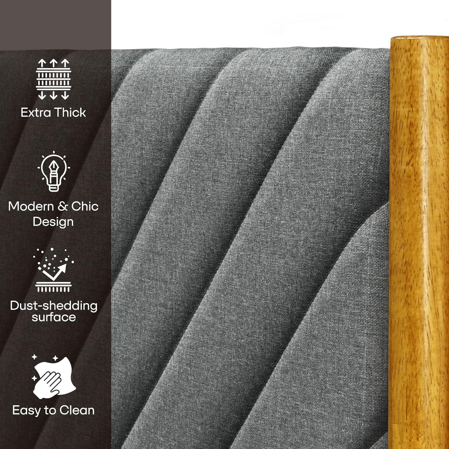 Felisha Solid Wood King Upholstered Bed Frame with Fabric Headboard, Contemporary Modern Upholstered Platform Bed