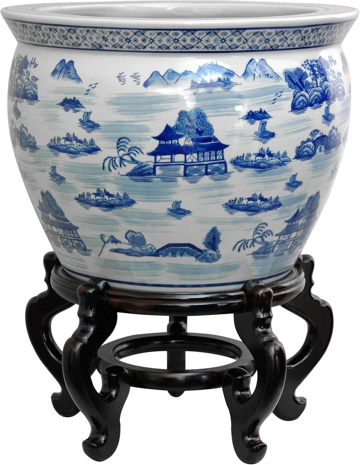 Oriental Furniture 18" Porcelain Fishbowl Blue & White Landscape