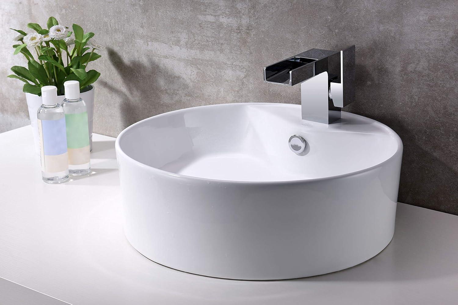 Polished White Ceramic Round Bathroom Sink, 19 Inch