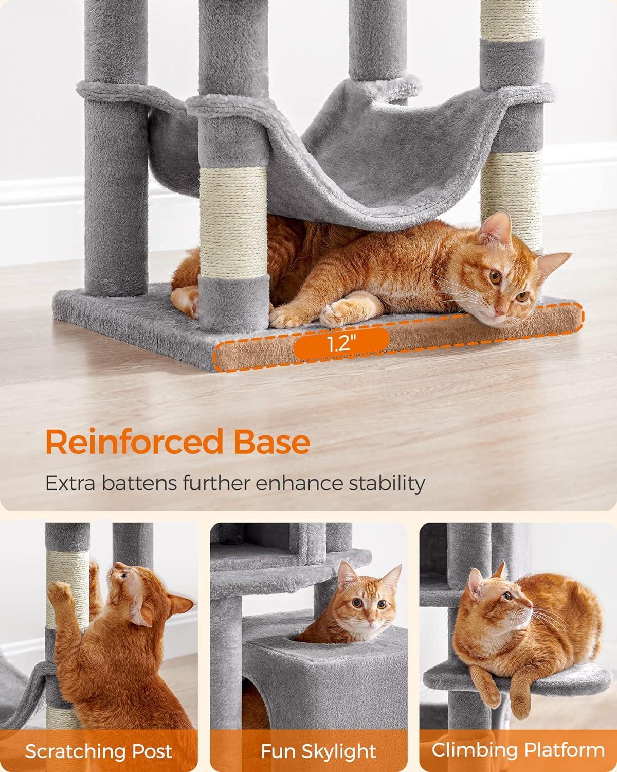 Feandrea 61"H Cat Tree Cat Tower for Indoor Cats, Plush Multi-Level Cat Condo with Scratching Posts, Perches, Caves, Hammock, Light Gray