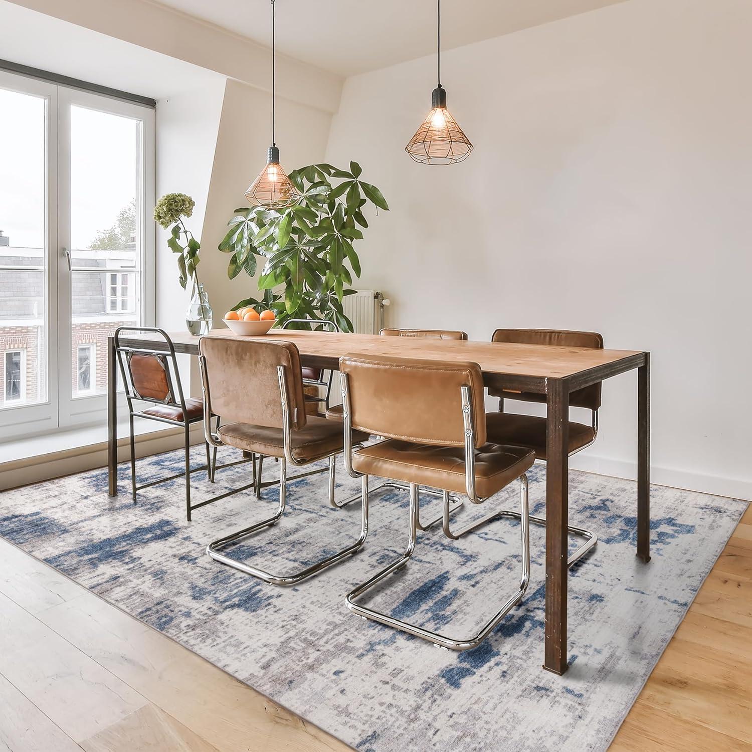 Gertmenian Gertmenian Crystal Print Cenis Blue Ivory Cream Washable Flat Pile Modern Abstract Indoor Area Rug