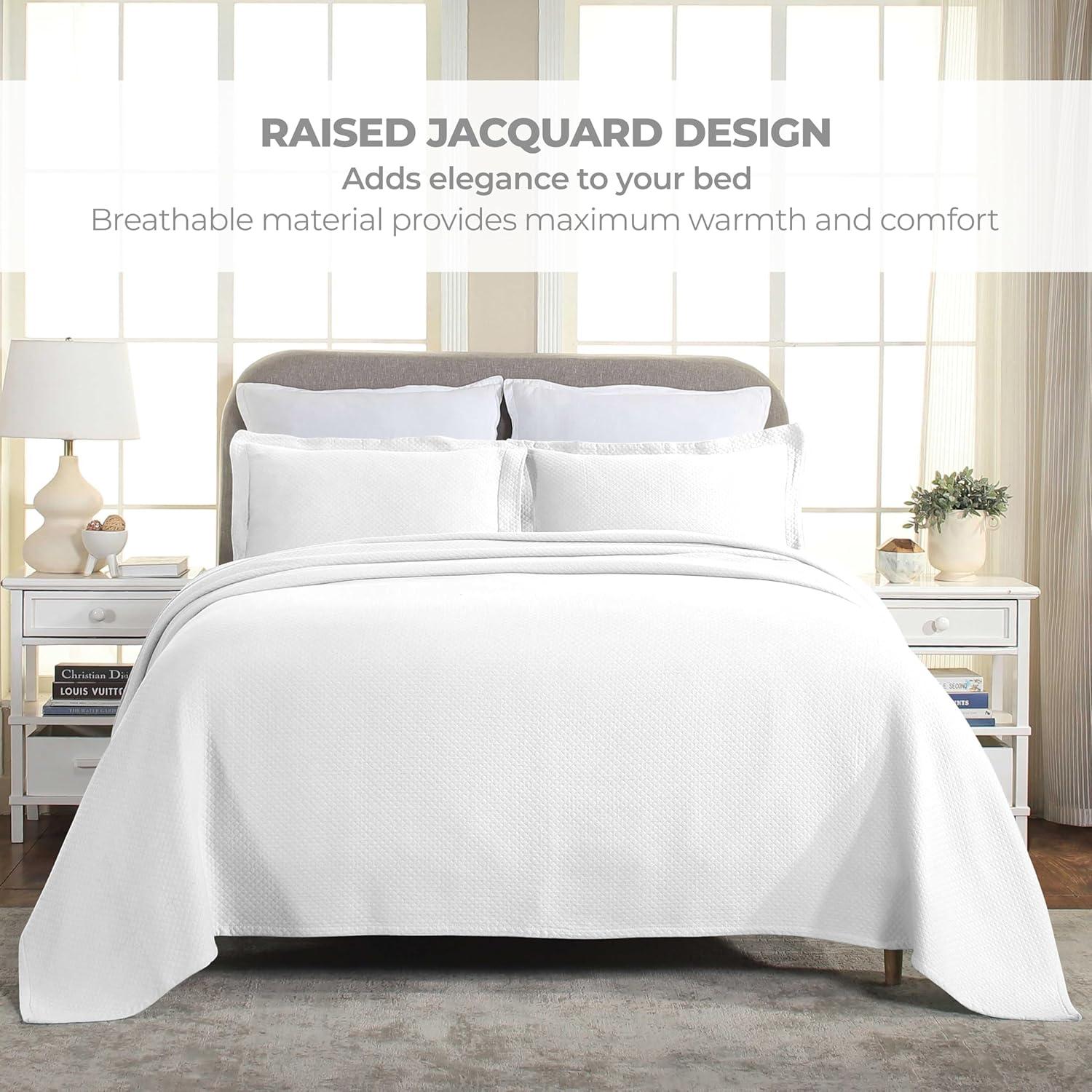Superior Solitaire Cotton Decorative Bedspread and Sham Set, Queen, White