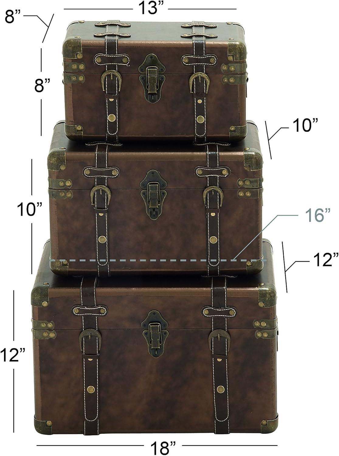 Brown Leather Rectangular Storage Trunk Set with Vintage Accents, 3-Pieces