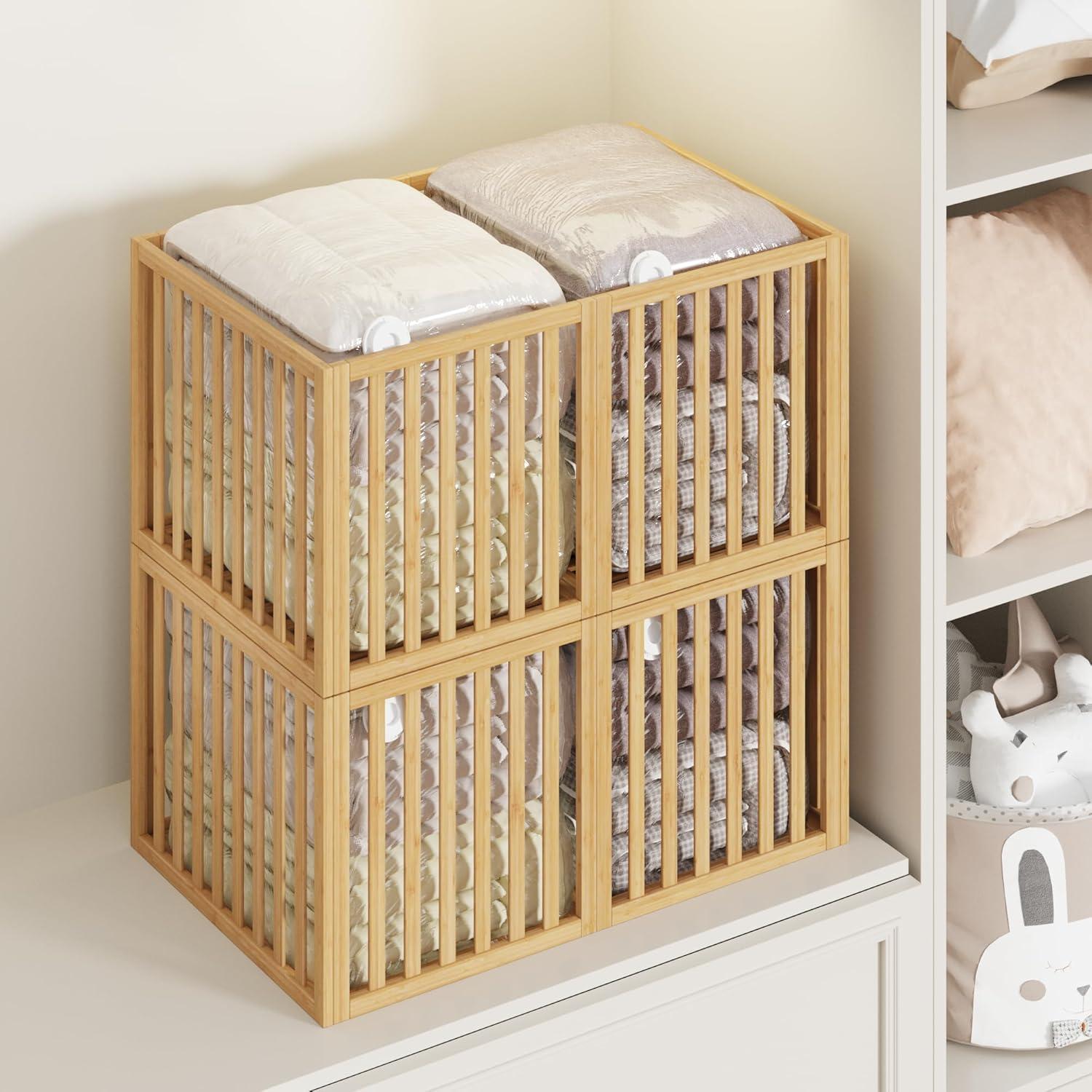 Bamboo Under Bed Storage Containers- Underbed Organizer with Wheels with Large Capacity Dust Bag,Sturdy Wood Rolling Under Bed Shoe Storage Organizer Drawer 2 Packs (Nature, Small)