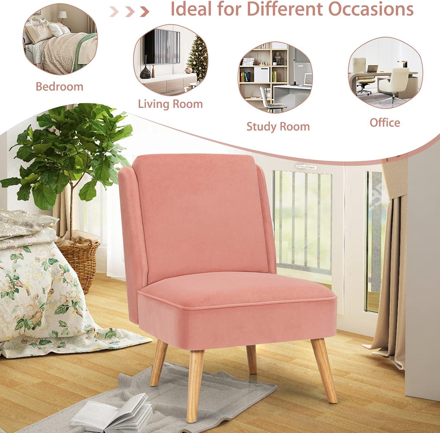 Kepooman Accent Chair, Modern Sofa Chair, Small Armless Wingback Club Chairs,Velvet Accent Armless Side Chair with Rubber Wood Legs for Bedroom-Pink