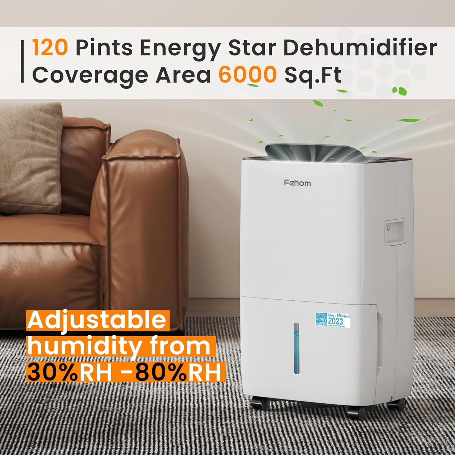 Fehom 120 Pints White Energy Star Dehumidifier with Drain Hose