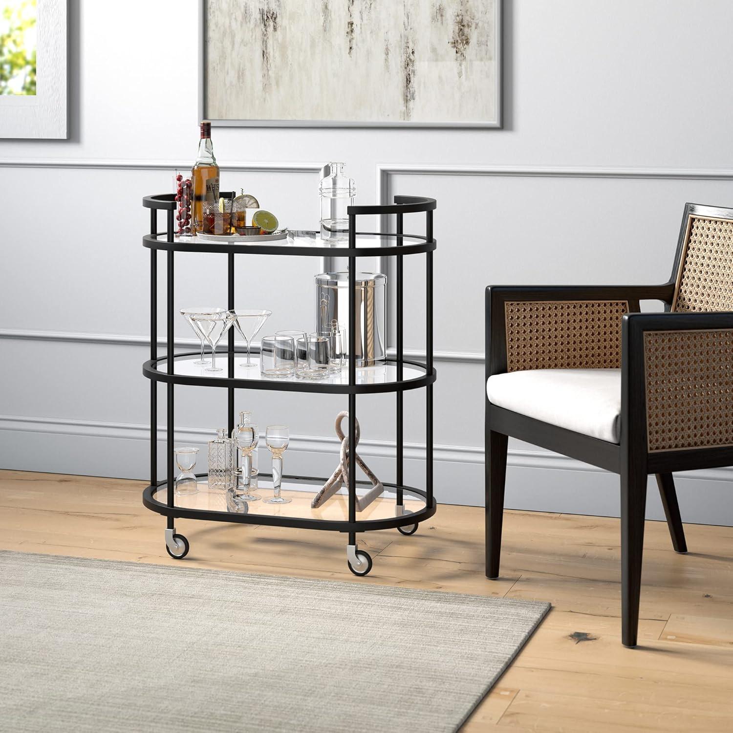 Modern Blackened Bronze 30" Wide Round Bar Cart with Tempered Glass Shelves