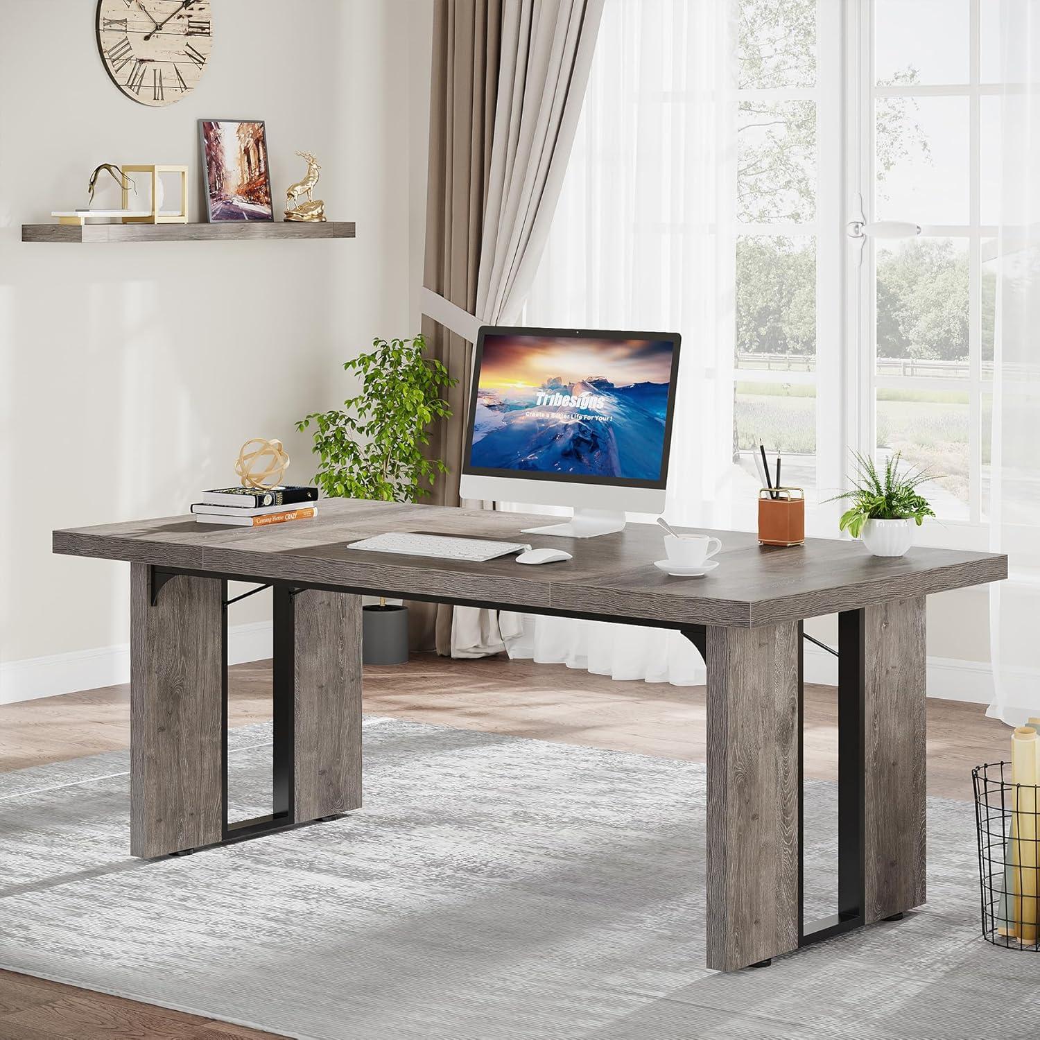 Gray 70.9" Modern Executive Computer Desk with Metal Legs