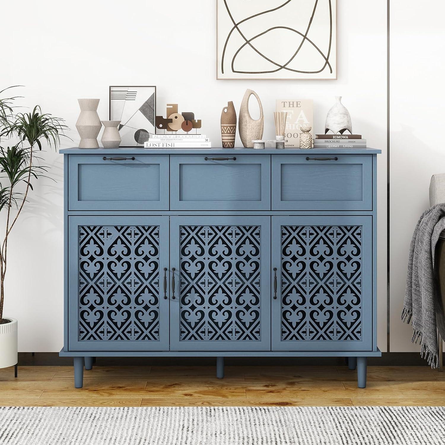 Lunale 47.24" Retro Hollow-Carved 3 Door 3 Drawer Cabinet, Storage Sideboard Buffet Accent Cabinet for Living Room, Lake Blue