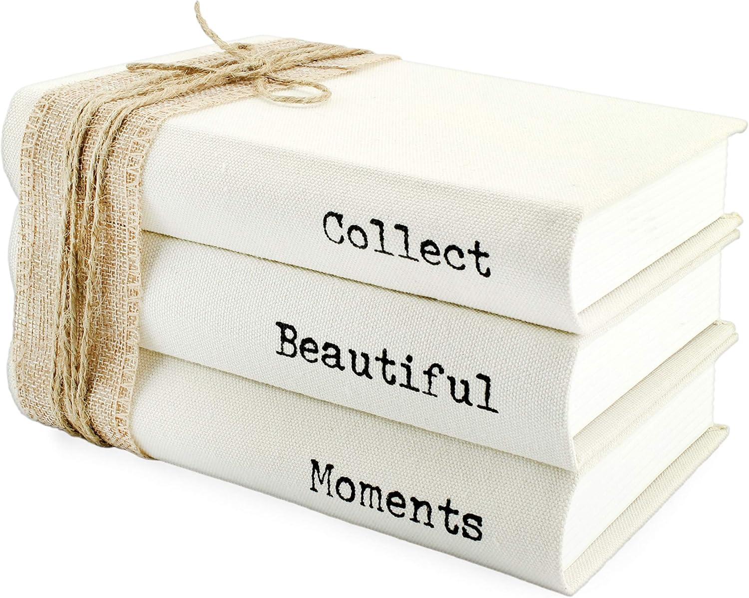 AuldHome Design Faux Book Stack: Collect Beautiful Moments Decorative Hidden Box Set w/ Burlap Ribbon Wrap