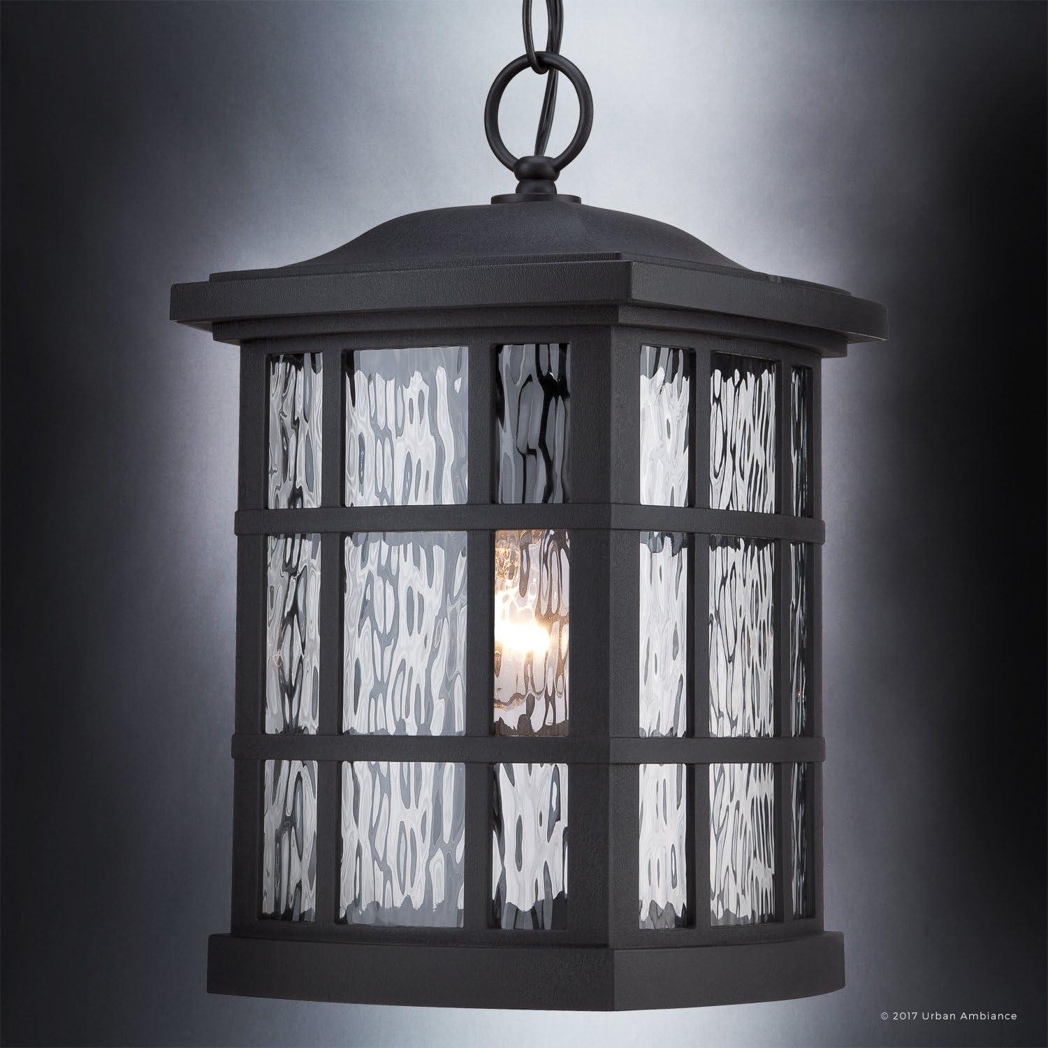 Urban Ambiance Luxury Craftsman Outdoor Pendant Light, Medium Size: 15"H x 9.5"W, with Tudor Style Elements, Highly-Detailed Design, High-End Black Silk Finish and Water Glass, UQL1250