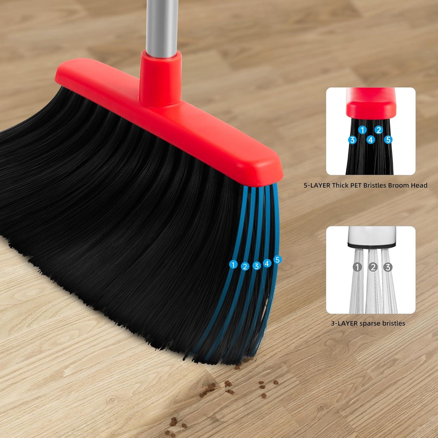 Heavy-Duty Broom and Dustpan Set for Outdoor Broom and Dust pan for Home Commercial Cleaning Supplies Angle Broom with Long Handle Perfect for Courtyard Garage Lobby Mall Market Street, B6