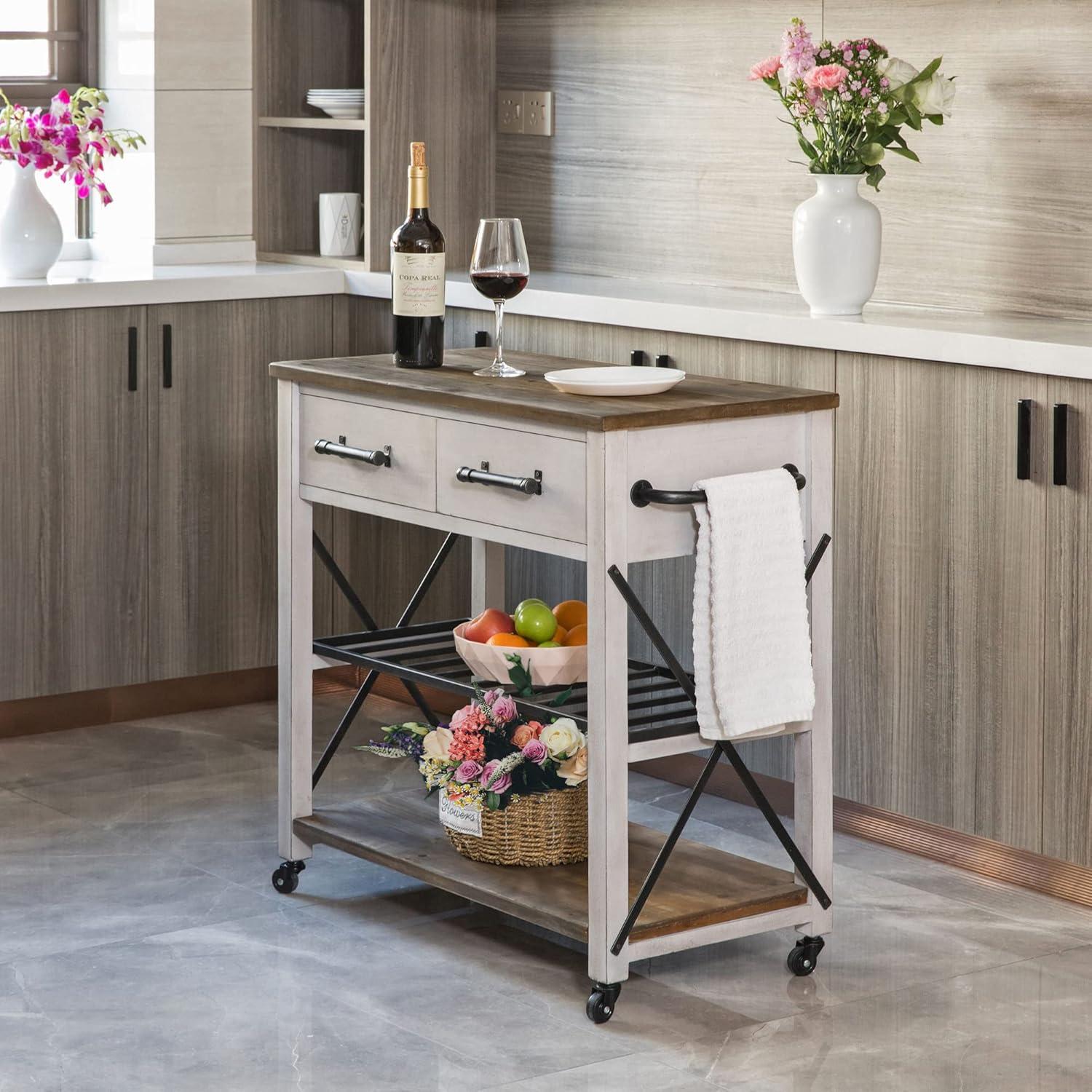 Off-White and Brown Wood Kitchen Cart with Wine Rack