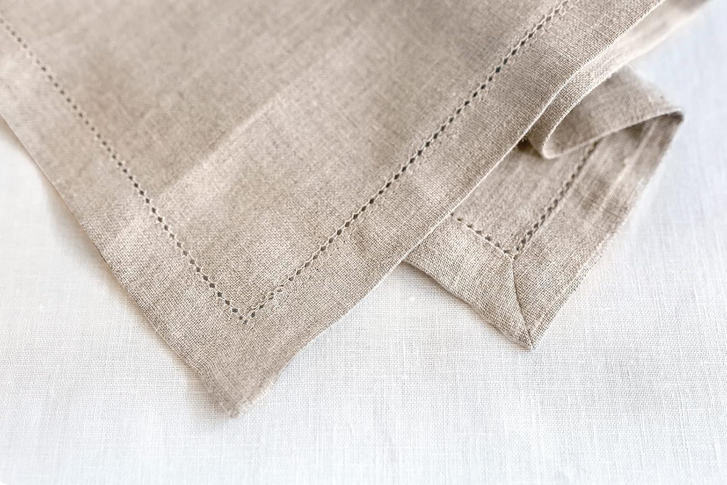 DMoksha Homes 100% Pure Linen Hemstitch 20 x 20 inch, Set of 4, Dinner Napkins - Natural Natural Fabric European Flax, Cloth Napkin, Machine Washable, Handmade with Mitered Corners, Great Gift Choice