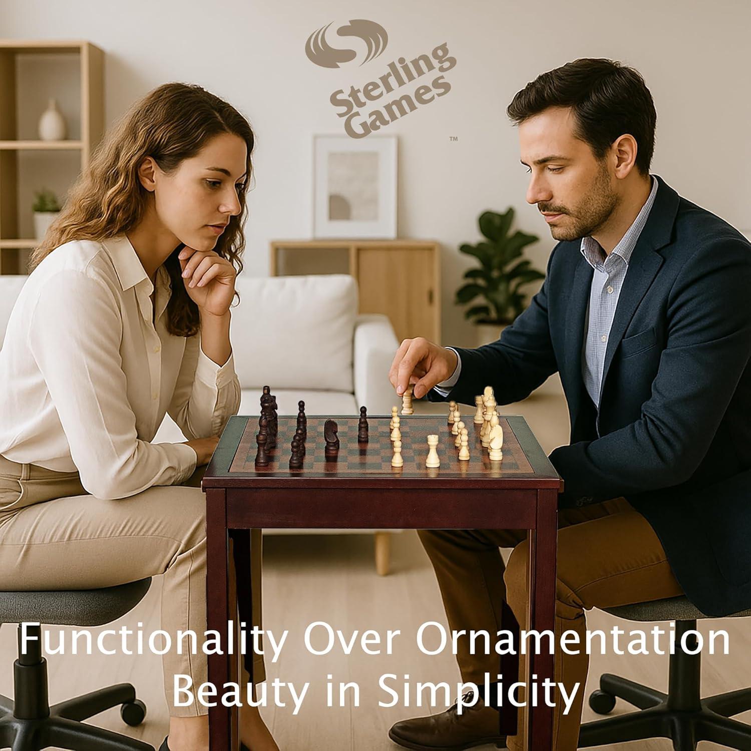 Sunnywood Wooden Chess Checkers and Backgammon 3 in 1 Combo Game Table Furniture Set, 25" x 25", 4" King