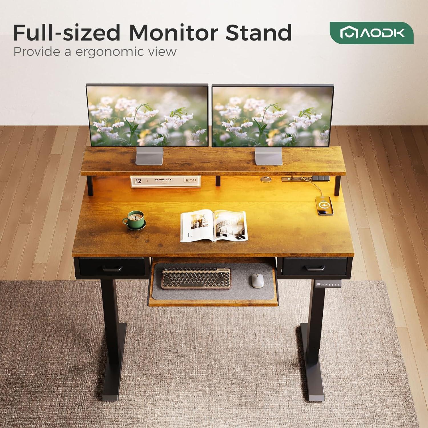 AODK Electric Standing Desk with Drawers & Keyboard Tray, 47 Inch Height Adjustable Small Gaming Desk with Power Outlets & LED Lights, Sit Stand Table with Monitor Stand for Home, Office, Rustic Brown