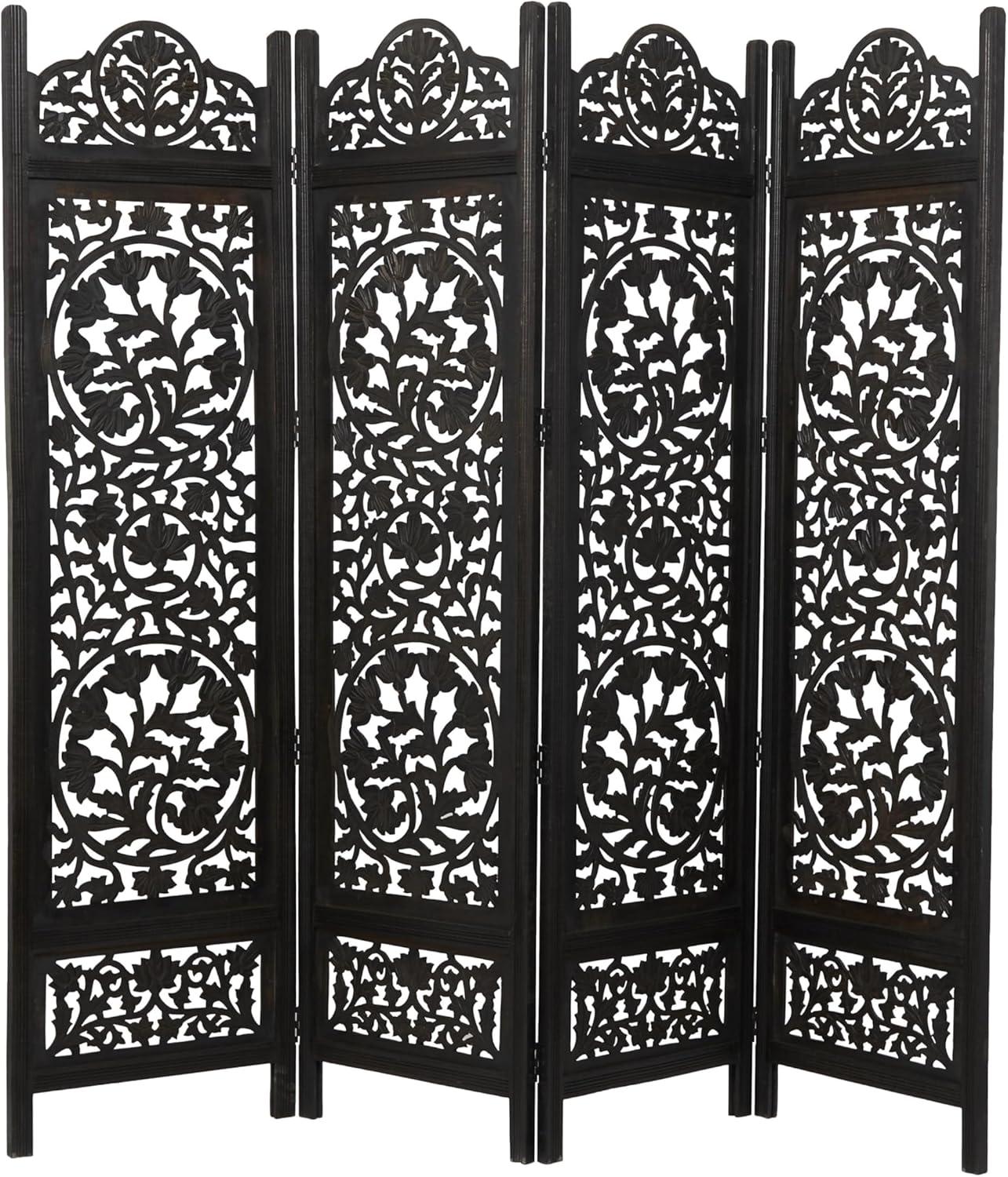 DecMode 80" x 72" Black Wood Floral Handmade Hinged Foldable Partition 4 Panel Room Divider Screen with Intricately Carved Designs, 1-Piece