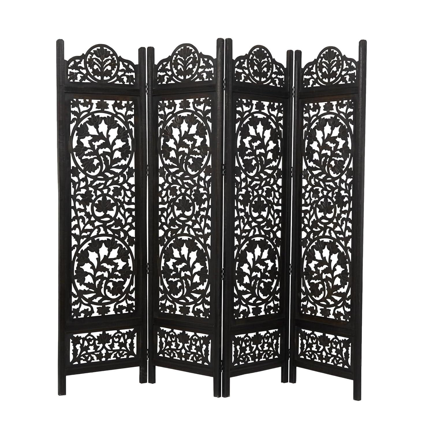 DecMode 80" x 72" Black Wood Floral Handmade Hinged Foldable Partition 4 Panel Room Divider Screen with Intricately Carved Designs, 1-Piece