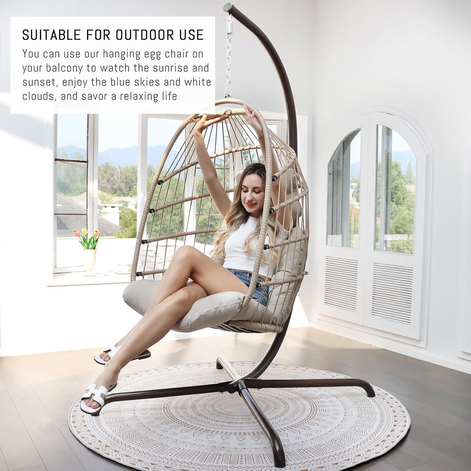 RADIATA Outdoor Foldable Hanging Egg Chair with Stand, PE Wicker Swing Chair with Cushion and Headrest, 350 lbs Capacity, Beige