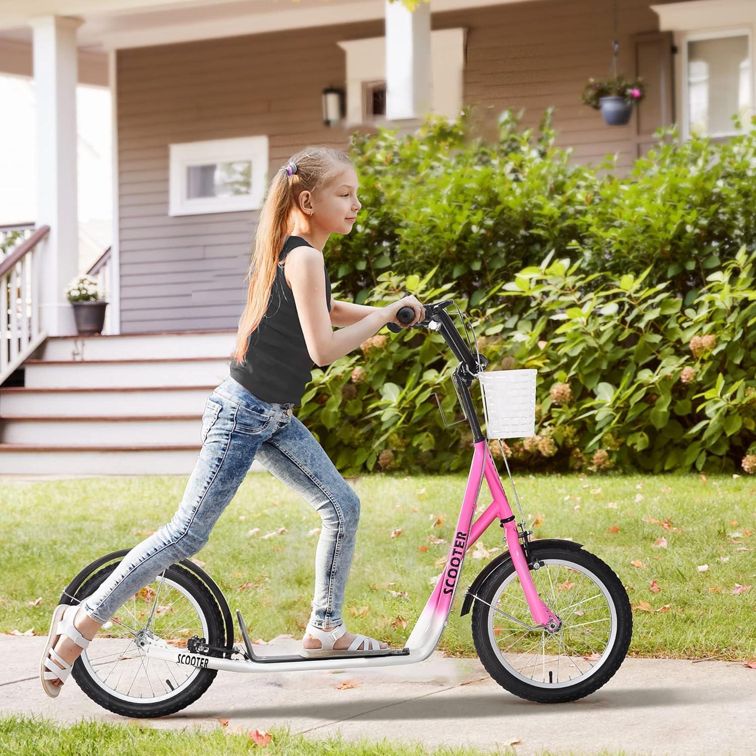 Aosom Youth Scooter, Kick Scooter with Adjustable Handlebars, Double Brakes, 16" Inflatable Rubber Tires, Basket, Cupholder, Mudguard Ages 5-12 years old