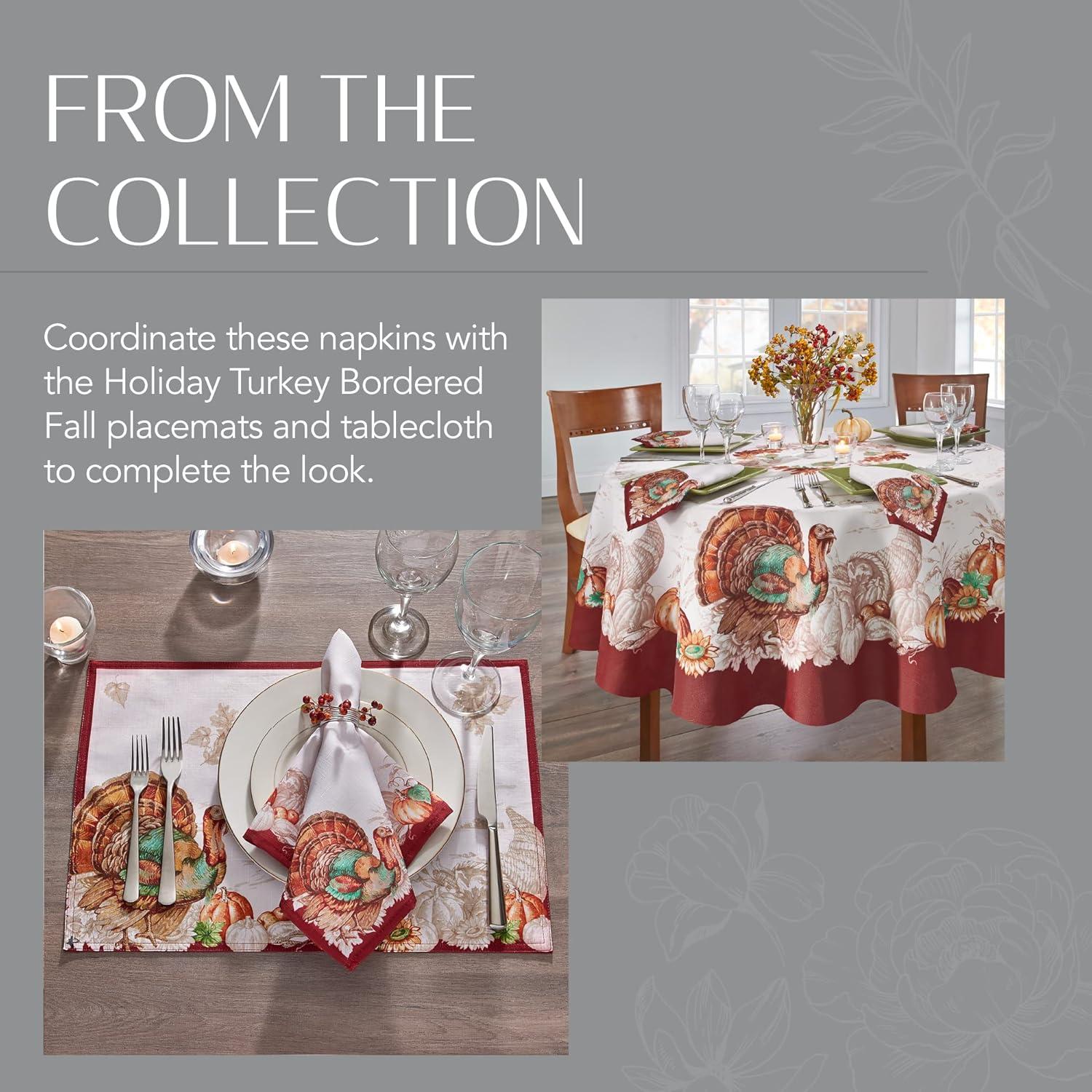 Holiday Turkey Bordered Fall Napkins, Set of 8 - 17" x 17" - White/Red - Elrene Home Fashions