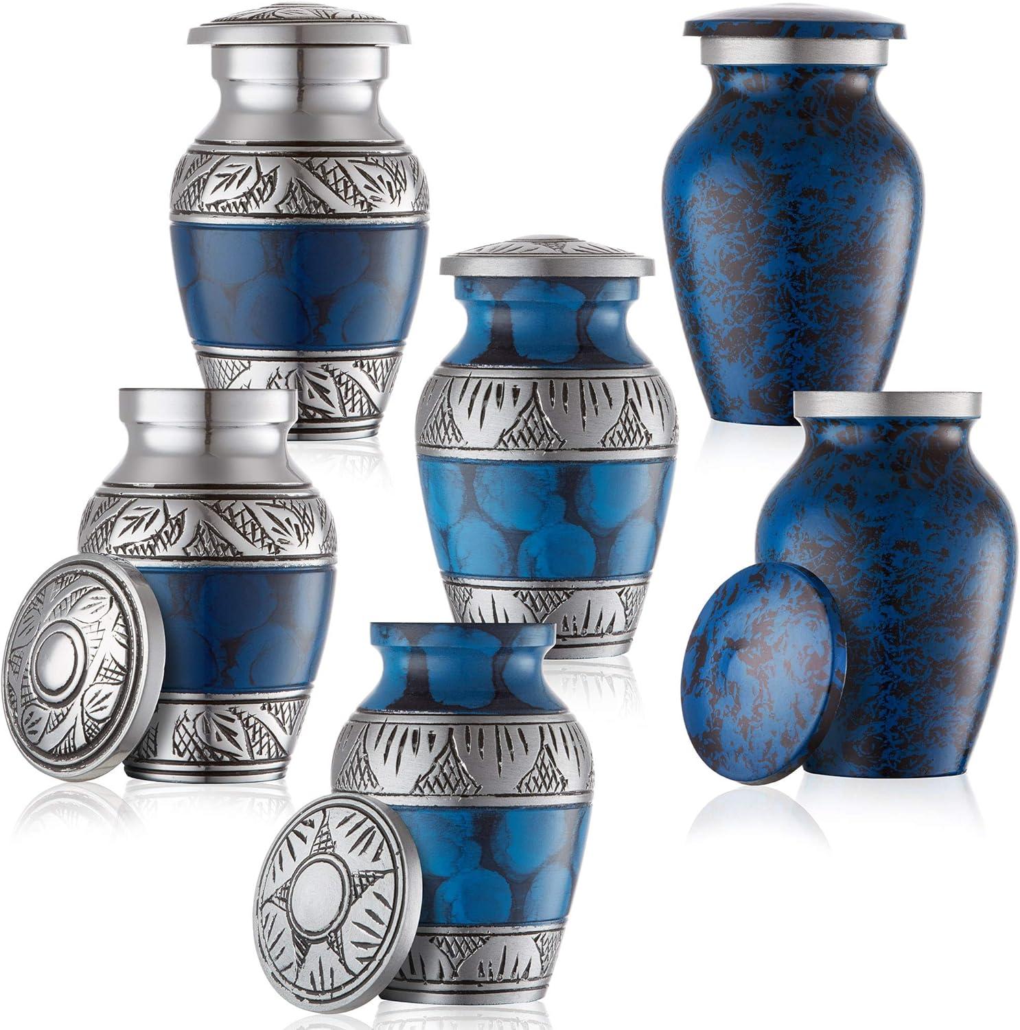 6-Piece Decorative Miniature Keepsake Memorial Urns, Blue and Silver