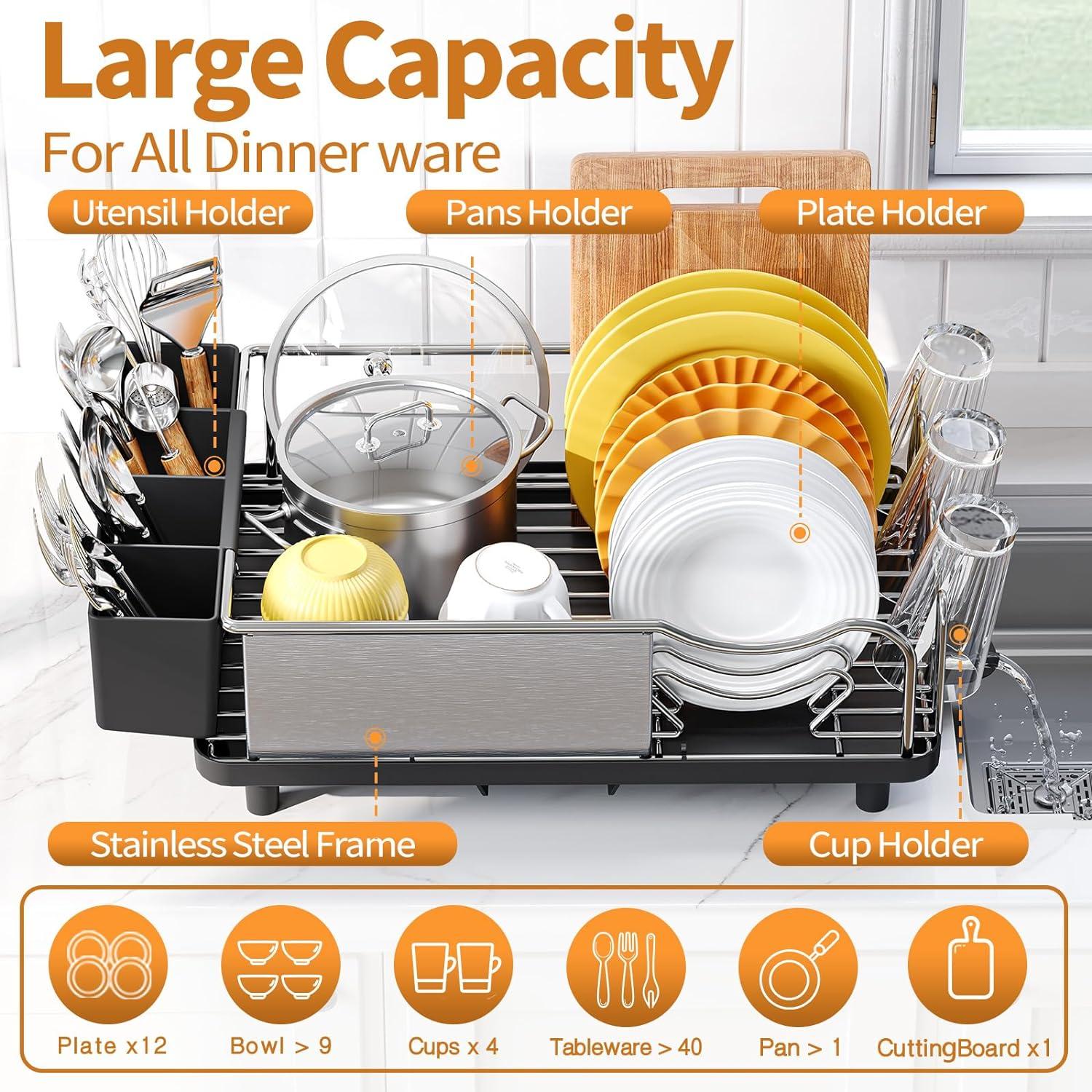 Dish Drying Rack - 304 Large Stainless Steel Dish Drainer for Kitchen Counter, Multifunctional Rust Resistant Kitchen Organizer and Easy Cleaning Storage Rack with Cutlery Holder Drip Tray