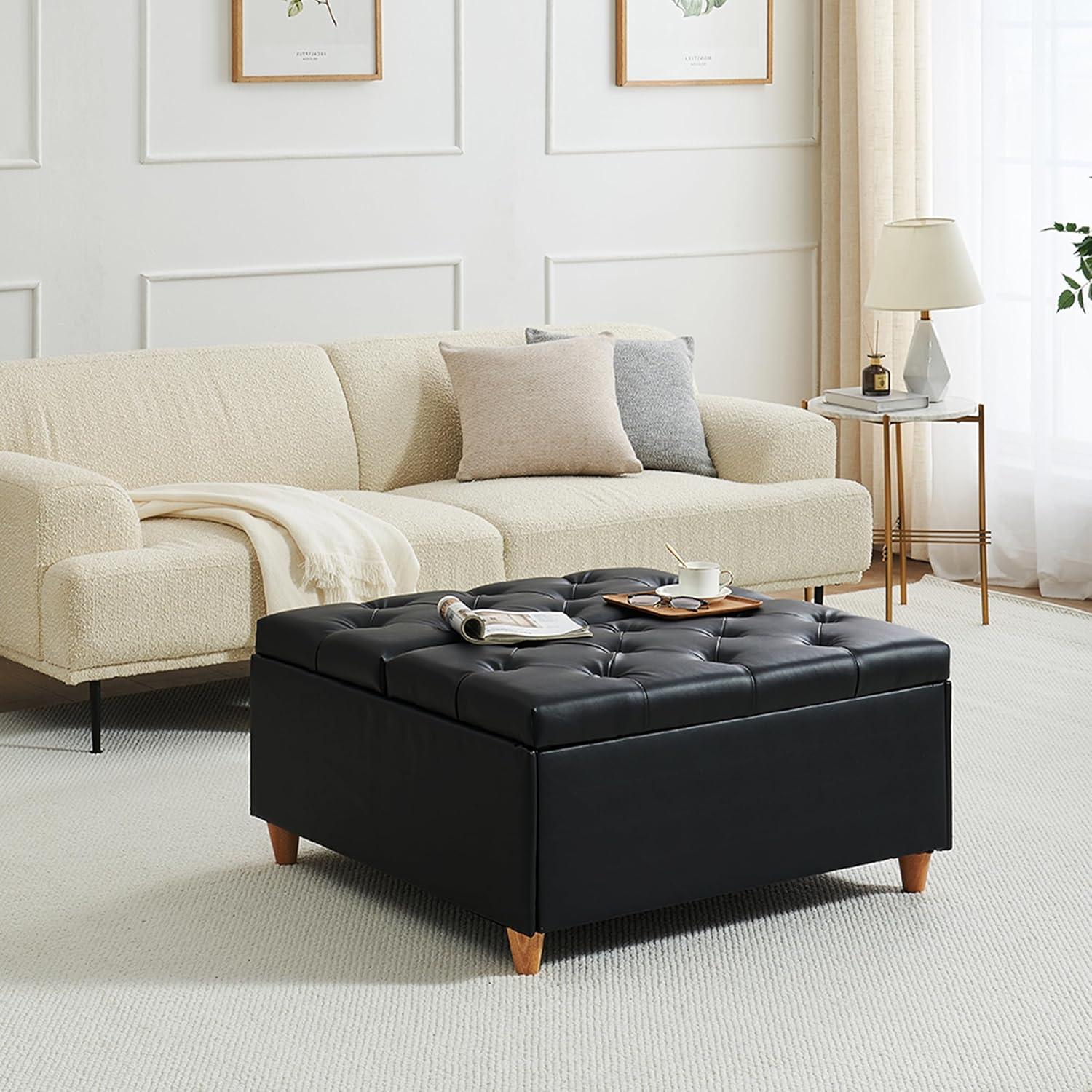 Black Faux Leather Tufted Lift-Top Storage Ottoman Coffee Table